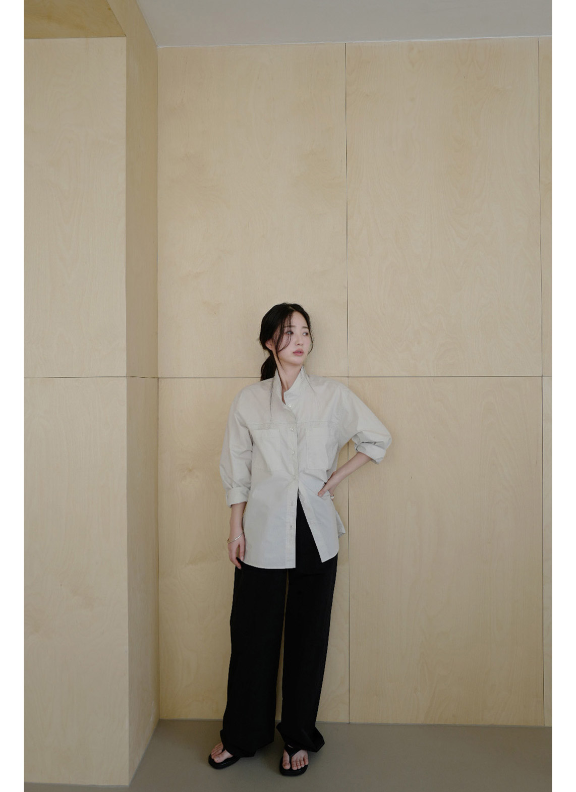 コットンボタンハイネック無地シャツ春秋 | 詳細画像10