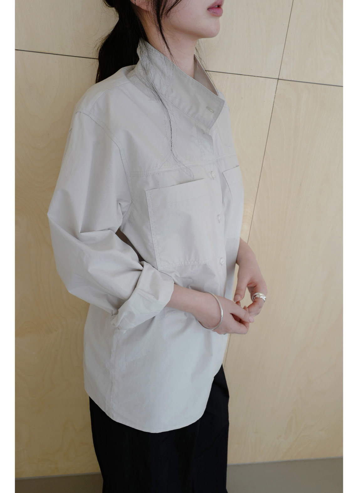 コットンボタンハイネック無地シャツ春秋 | 詳細画像13