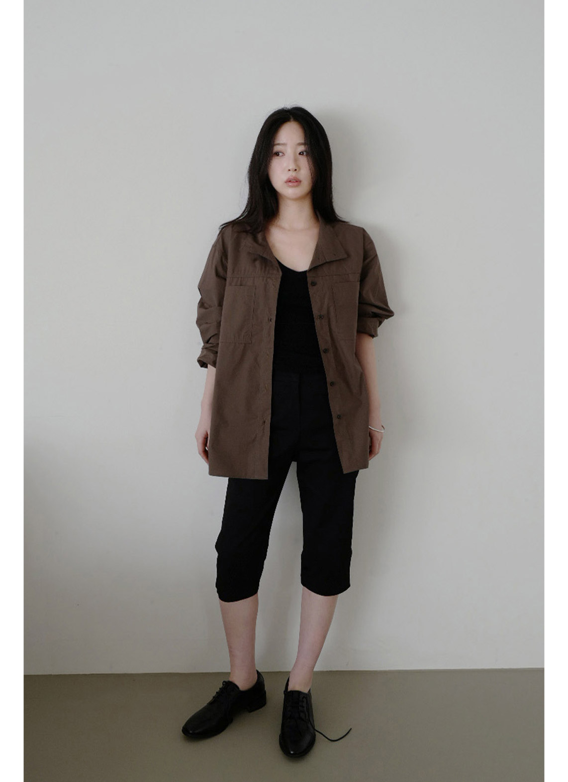 コットンボタンハイネック無地シャツ春秋 | 詳細画像2