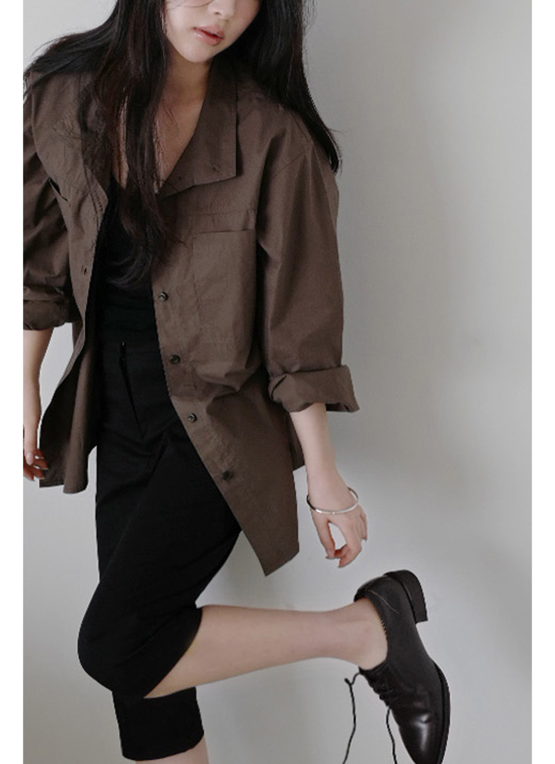 コットンボタンハイネック無地シャツ春秋 | 詳細画像4