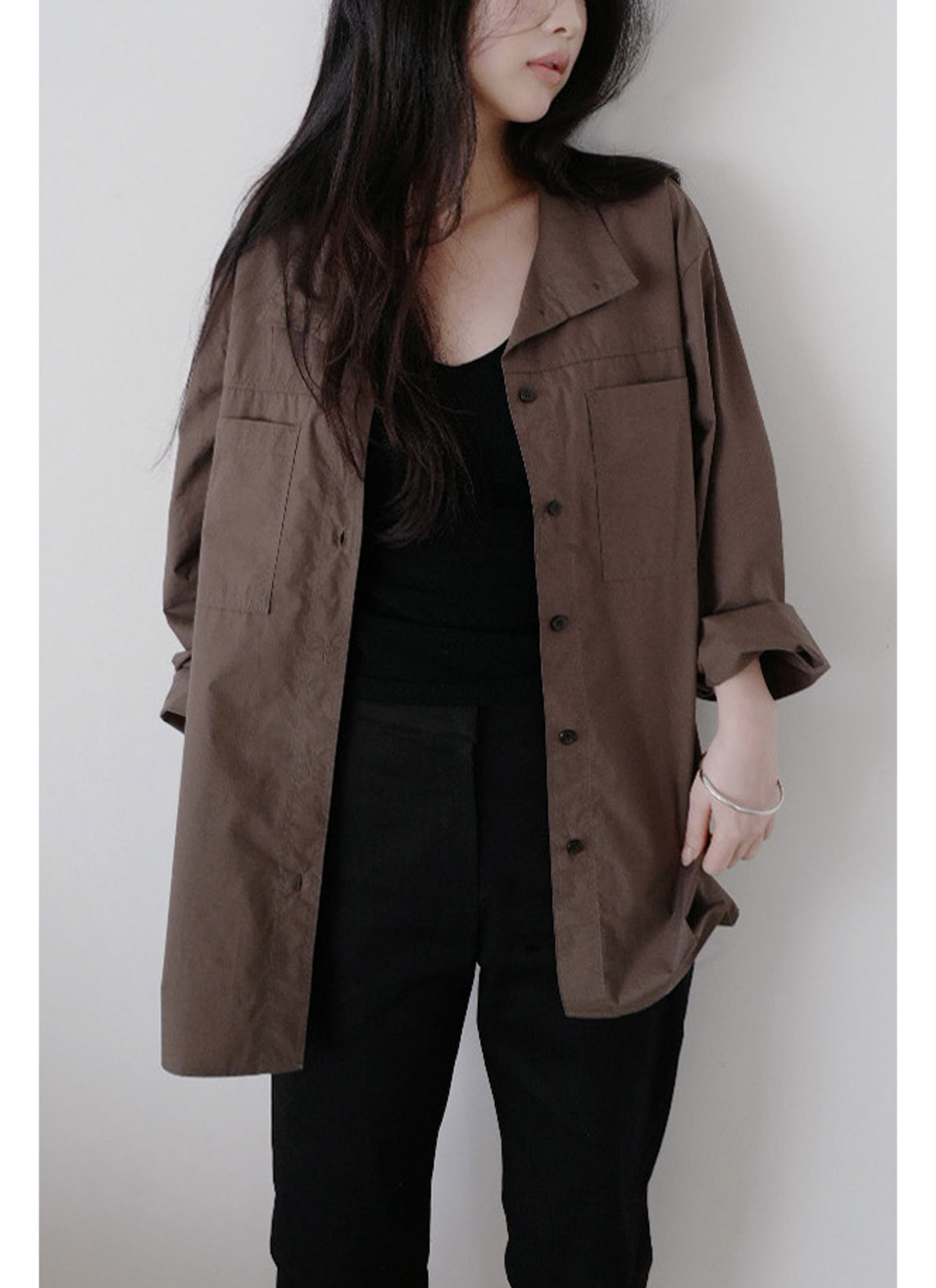 コットンボタンハイネック無地シャツ春秋 | 詳細画像6