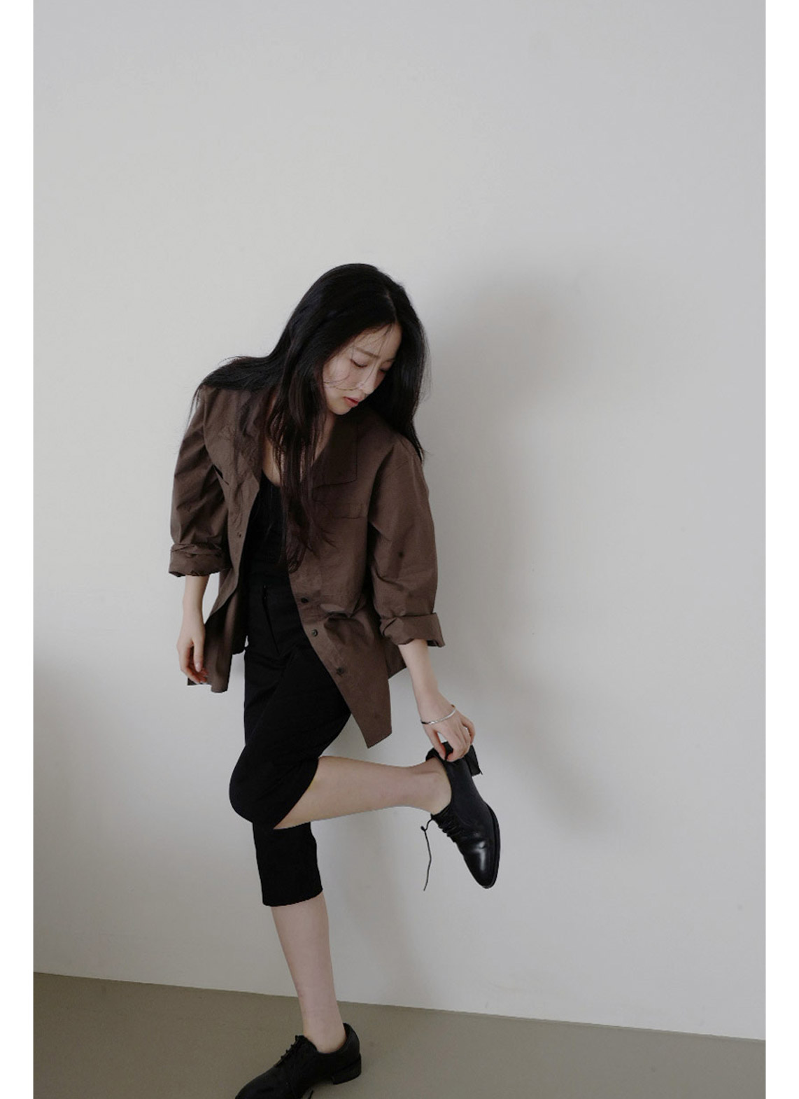 コットンボタンハイネック無地シャツ春秋 | 詳細画像7