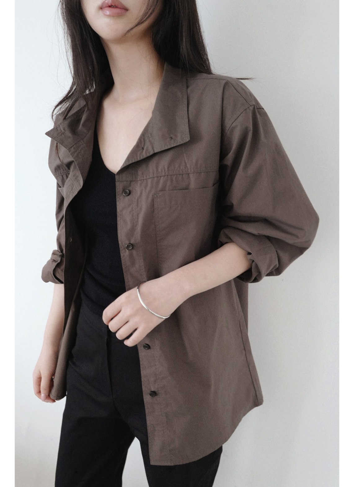 コットンボタンハイネック無地シャツ春秋 | 詳細画像9