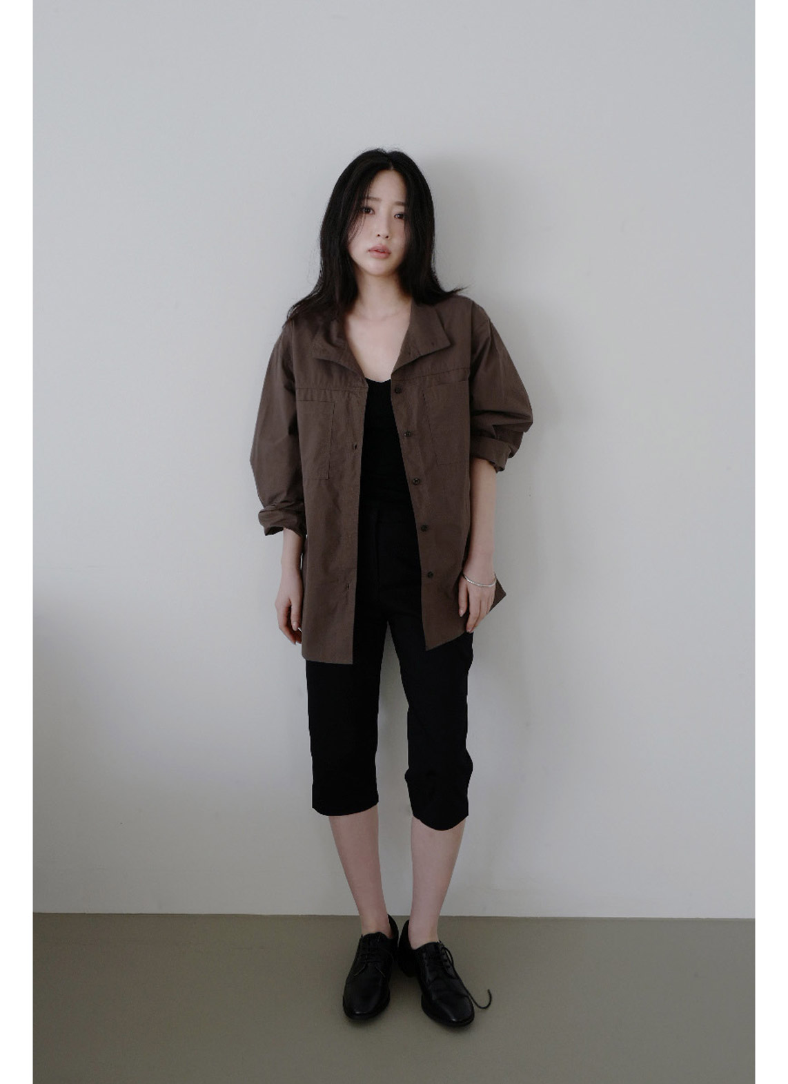 コットンボタンハイネック無地シャツ春秋 | 詳細画像12