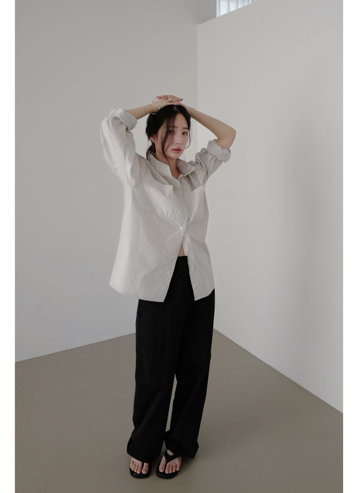 コットンボタンハイネック無地シャツ春秋 | 詳細画像13