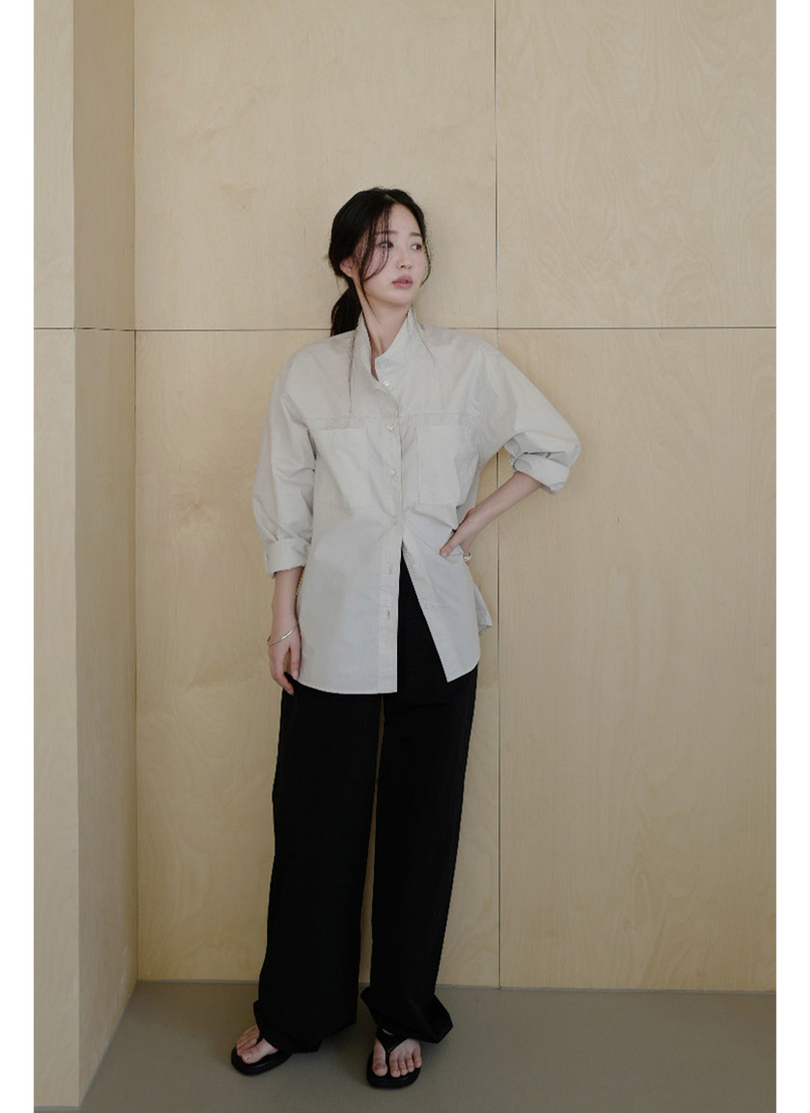 コットンボタンハイネック無地シャツ春秋 | 詳細画像15