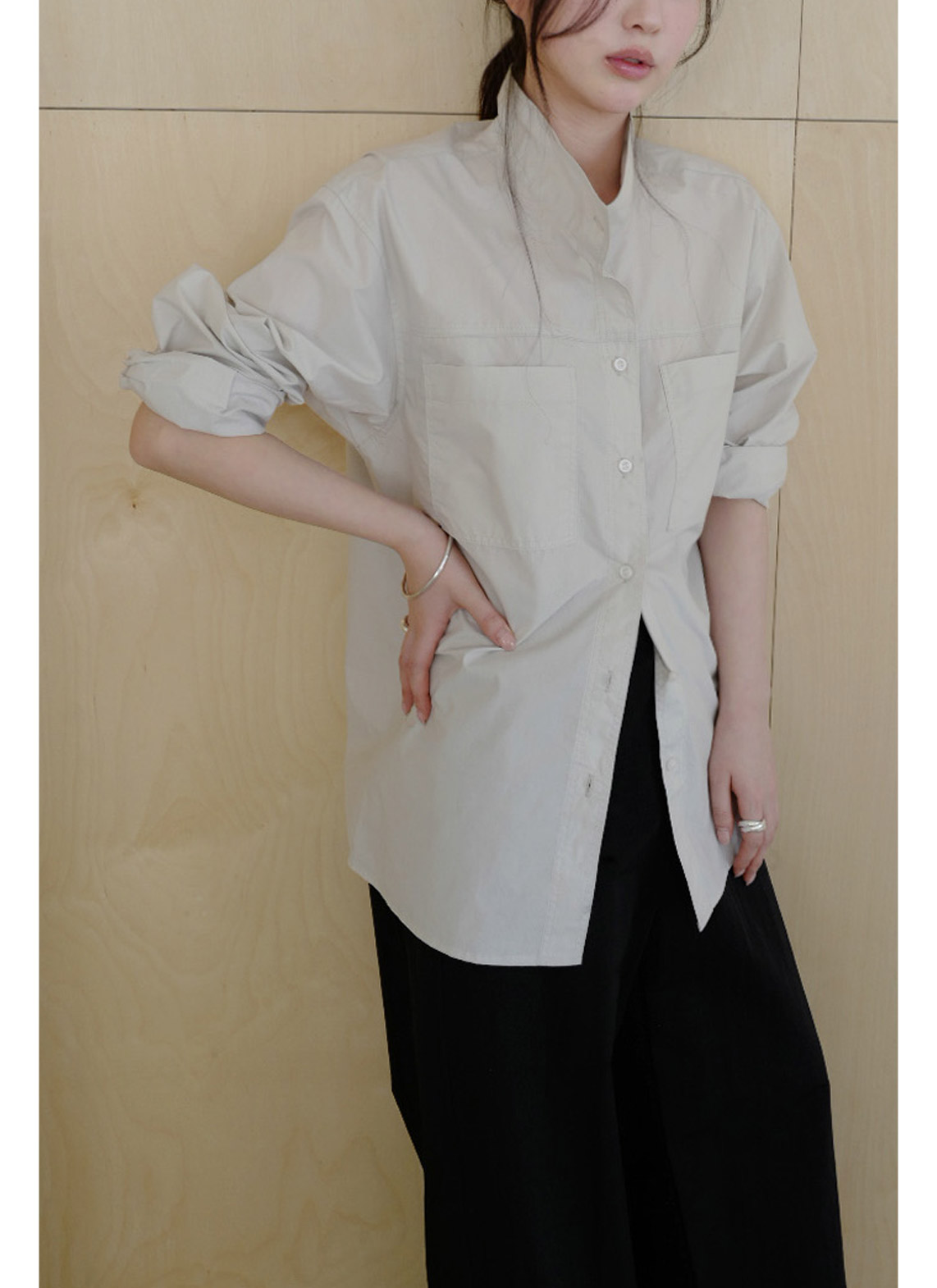 コットンボタンハイネック無地シャツ春秋 | 詳細画像16