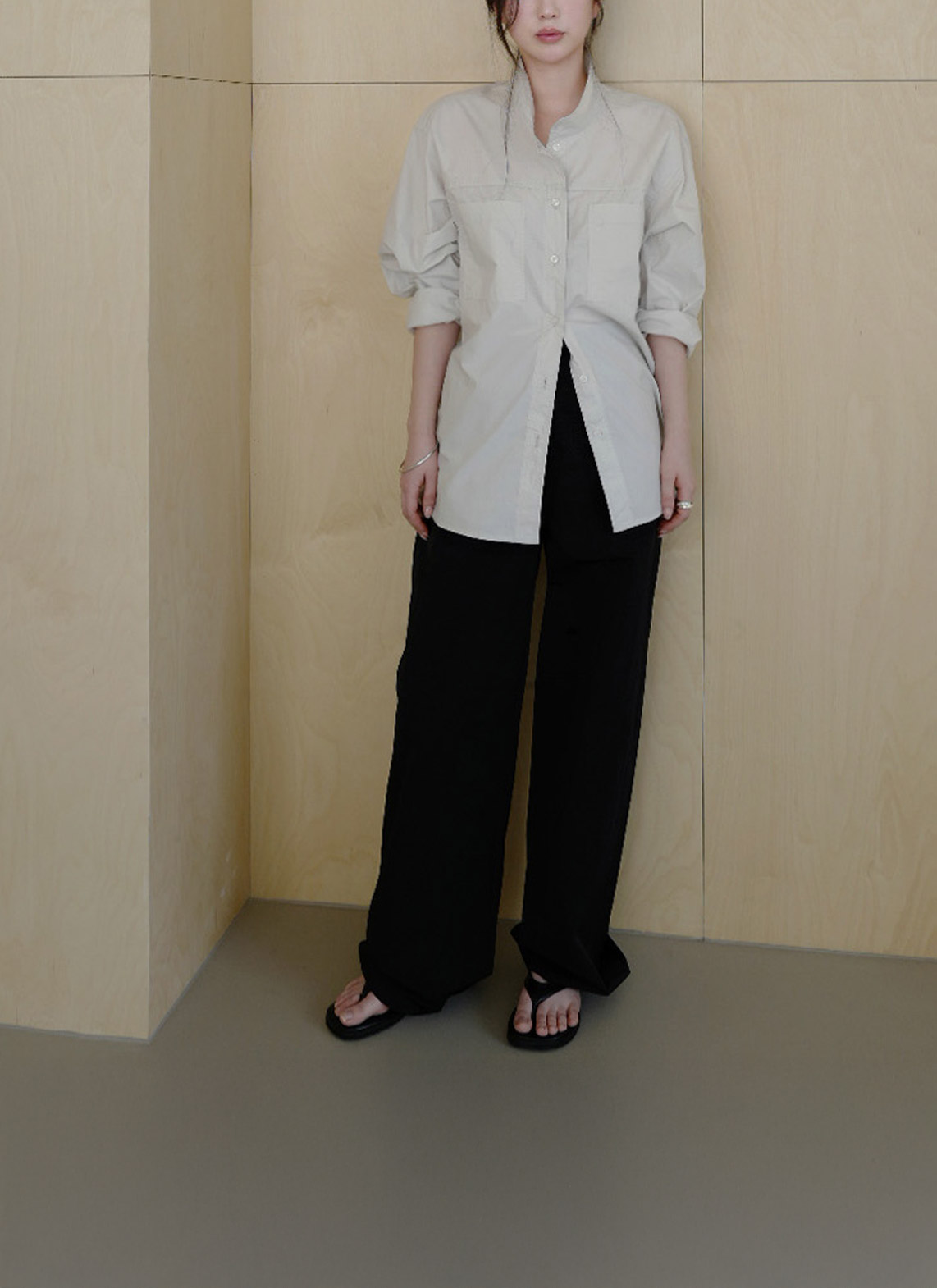 コットンボタンハイネック無地シャツ春秋 | 詳細画像17