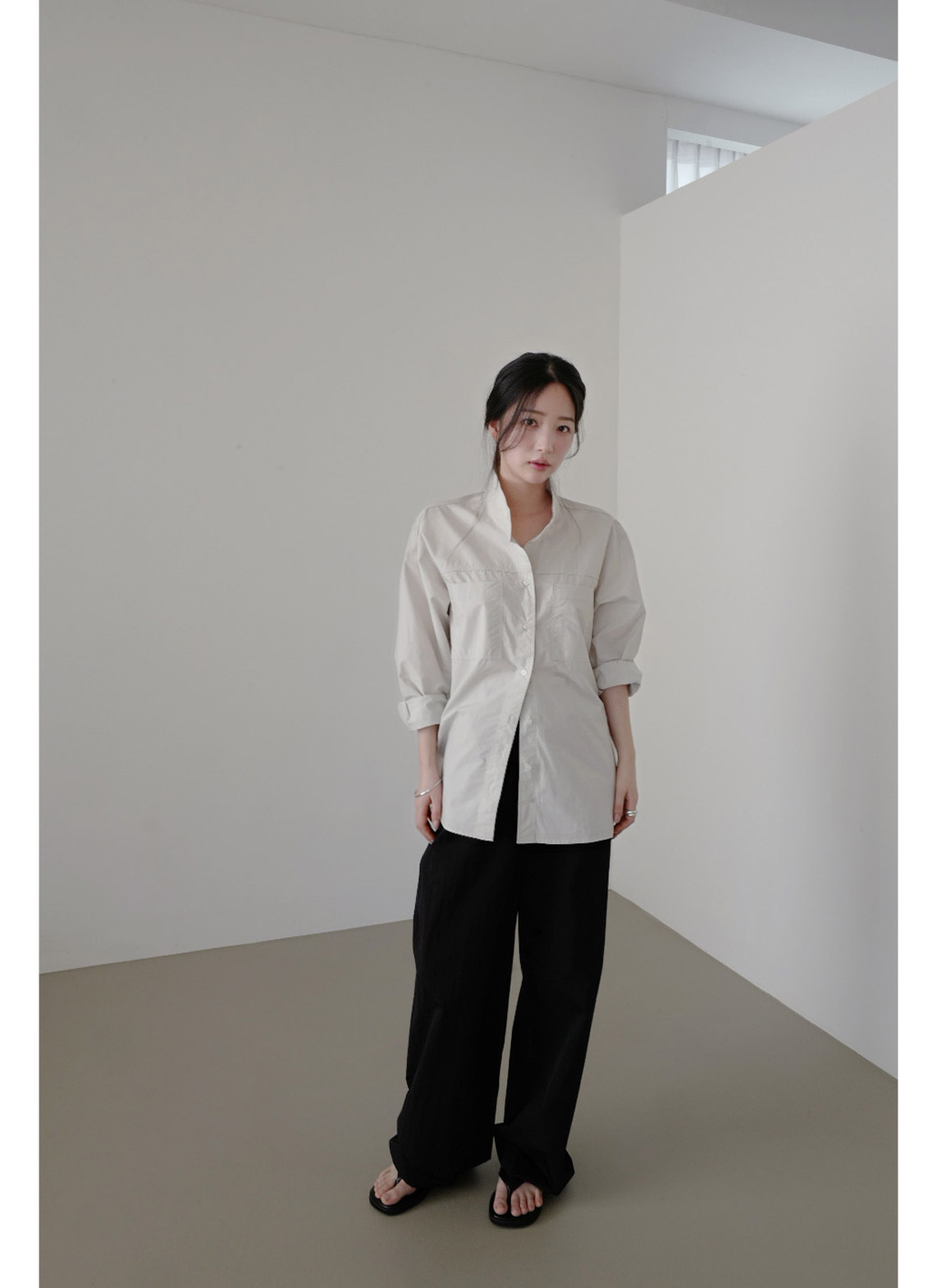 コットンボタンハイネック無地シャツ春秋 | 詳細画像19