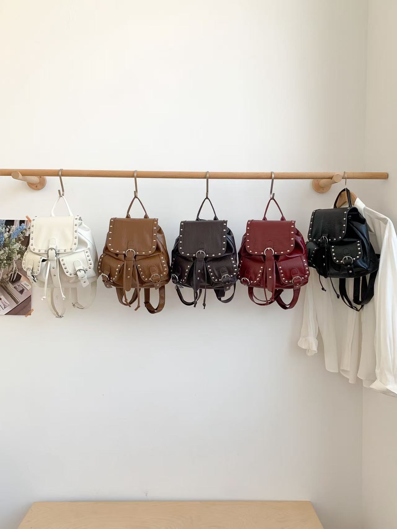 レザー調バックルドローストリングポケットスタッズマグネットボタンバックパック | 詳細画像9