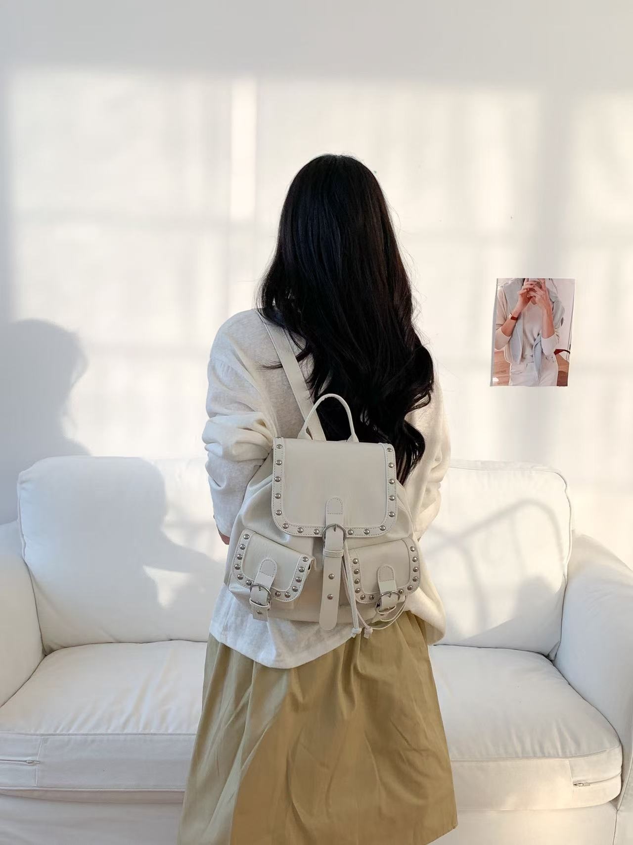 レザー調バックルドローストリングポケットスタッズマグネットボタンバックパック | 詳細画像6