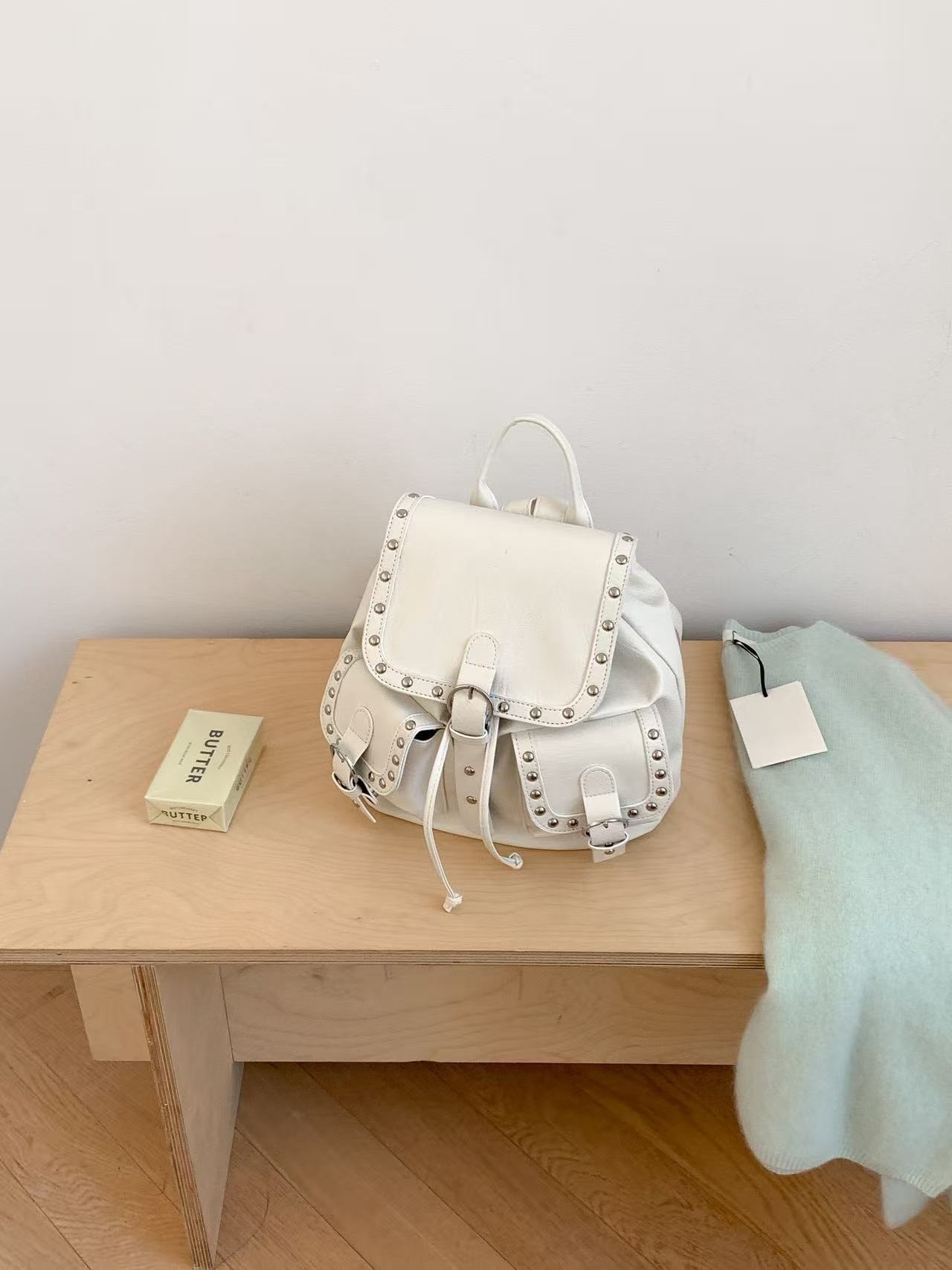 レザー調バックルドローストリングポケットスタッズマグネットボタンバックパック | 詳細画像10