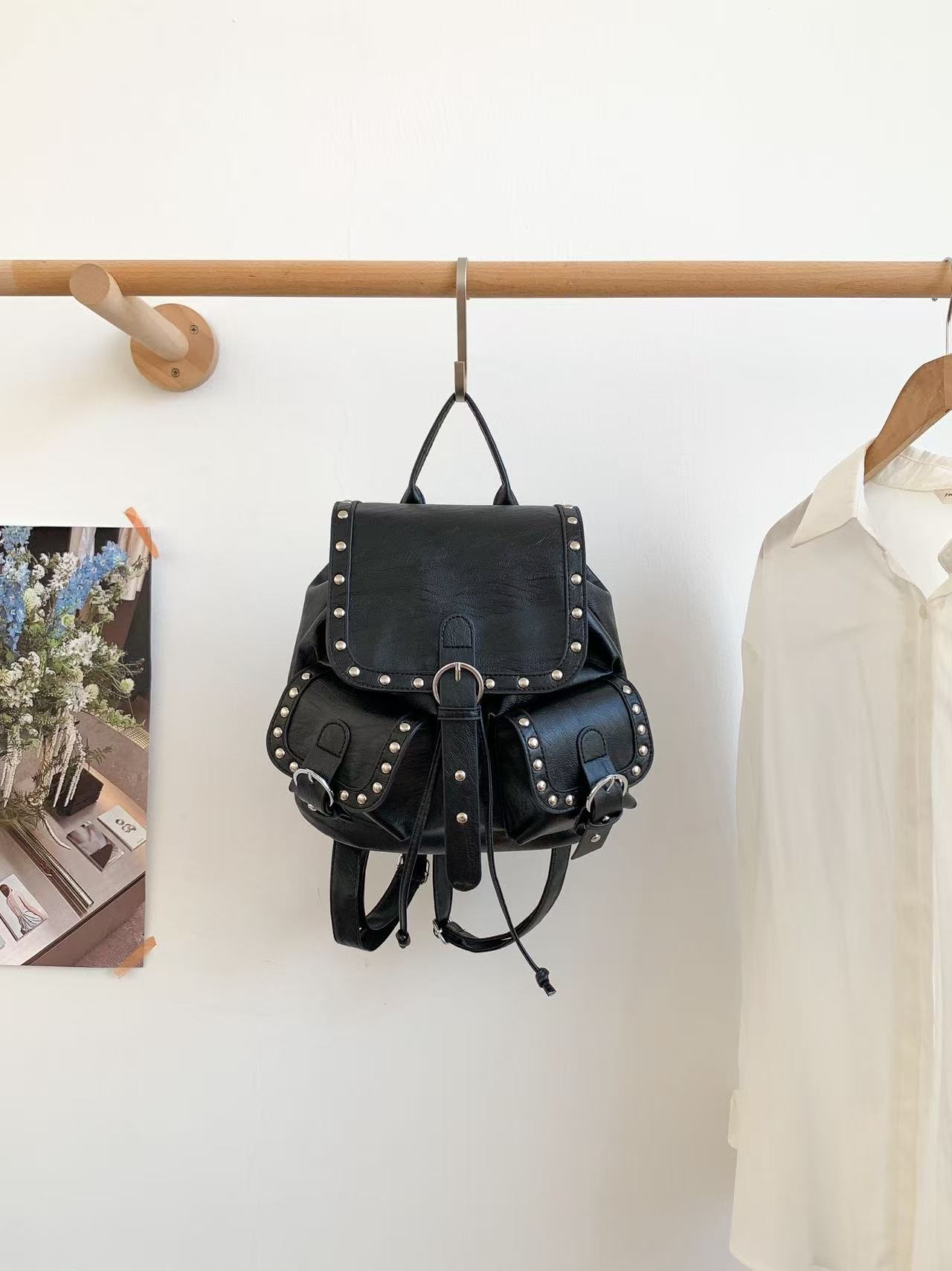 レザー調バックルドローストリングポケットスタッズマグネットボタンバックパック | 詳細画像11