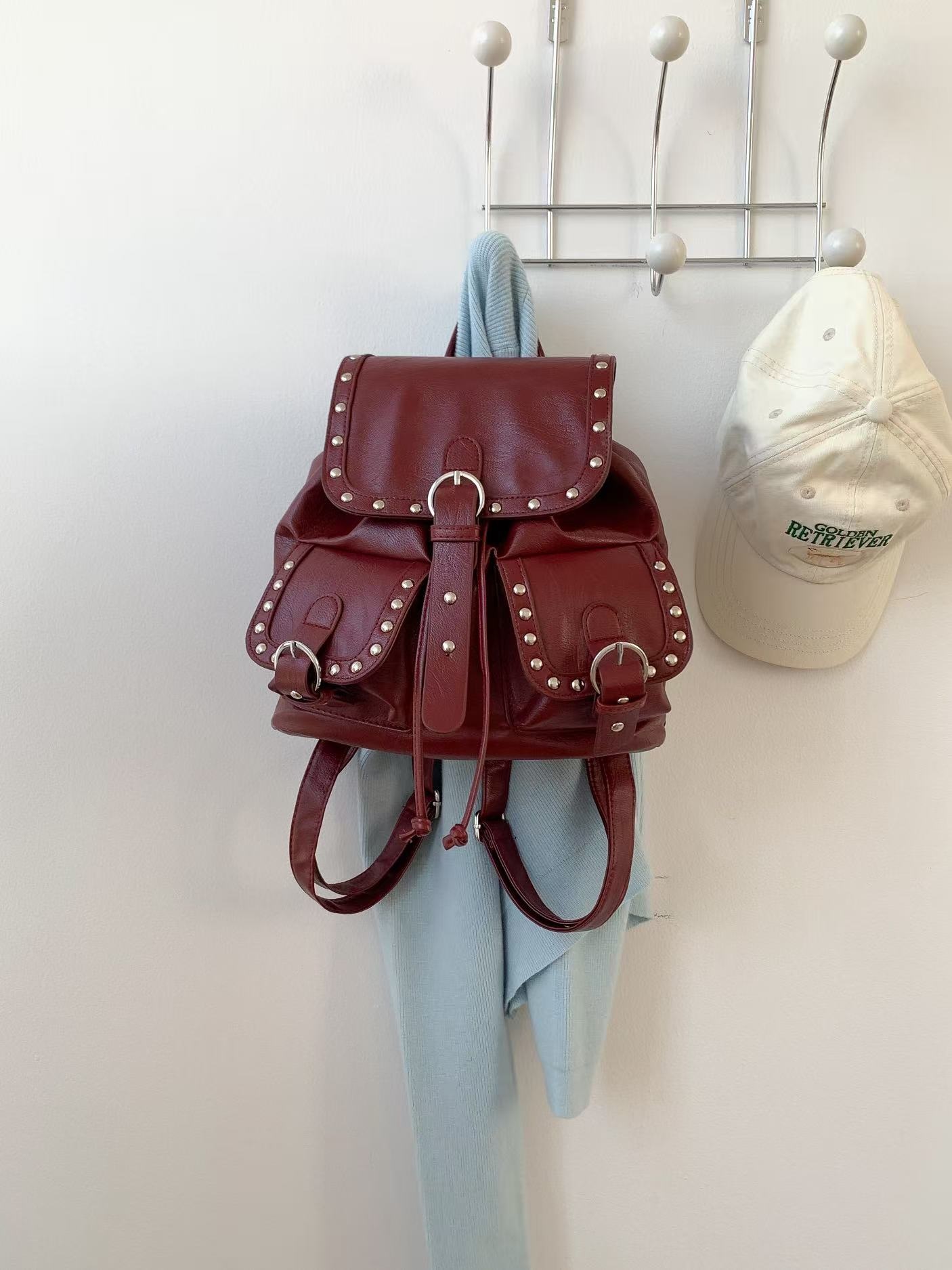 レザー調バックルドローストリングポケットスタッズマグネットボタンバックパック | 詳細画像12