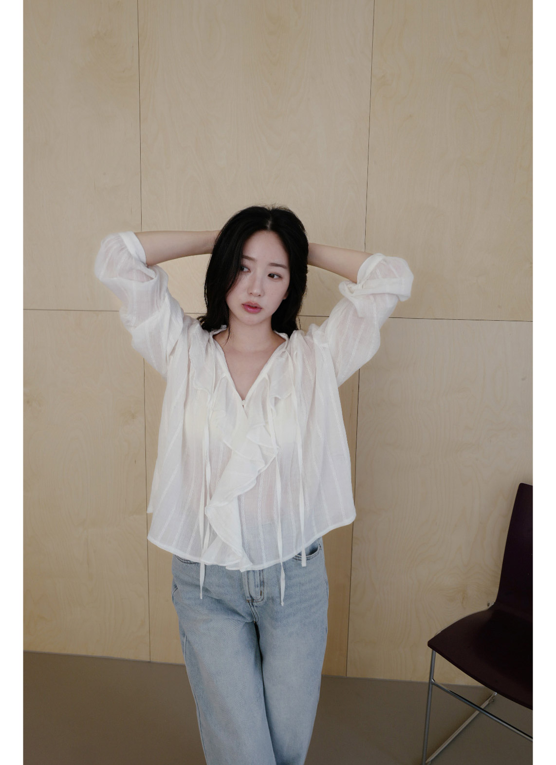 コットンリボン(固定)Vネックラッフルレースブラウス春夏秋 | 詳細画像4