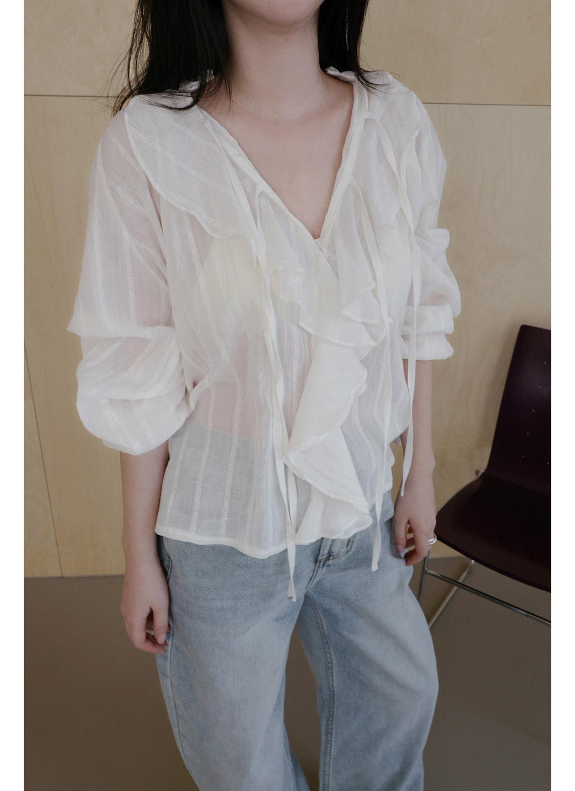 コットンリボン(固定)Vネックラッフルレースブラウス春夏秋 | 詳細画像5