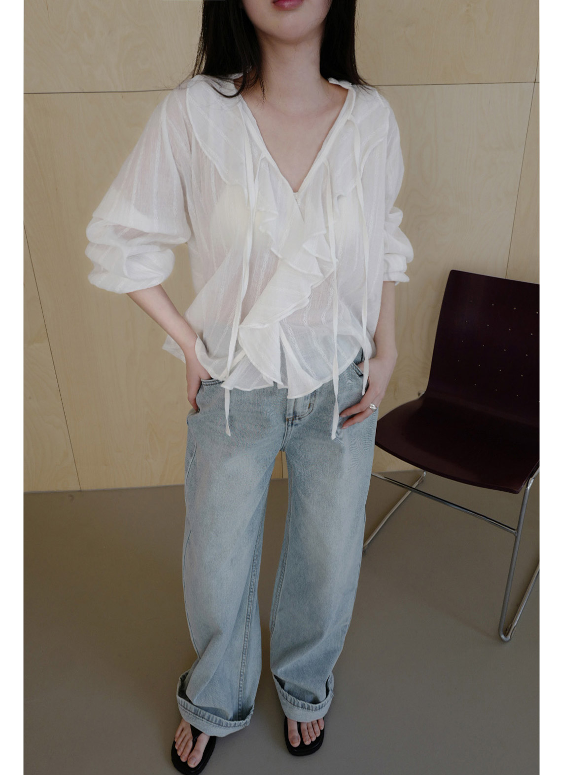 コットンリボン(固定)Vネックラッフルレースブラウス春夏秋 | 詳細画像6