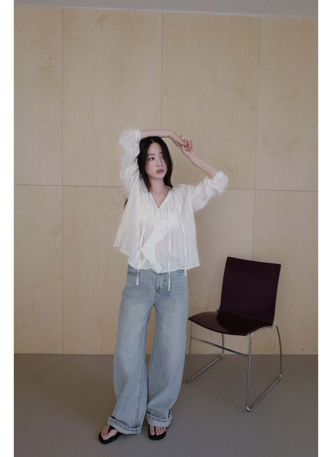 コットンリボン(固定)Vネックラッフルレースブラウス春夏秋 | 詳細画像7