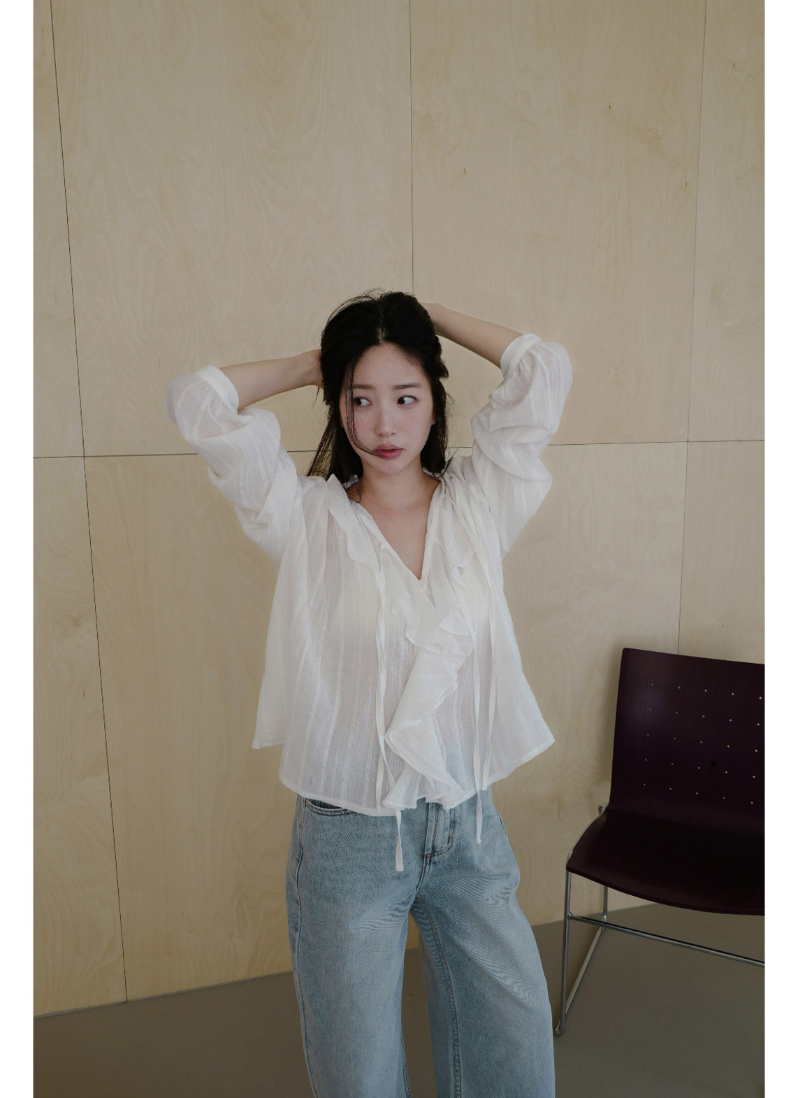 コットンリボン(固定)Vネックラッフルレースブラウス春夏秋 | 詳細画像8