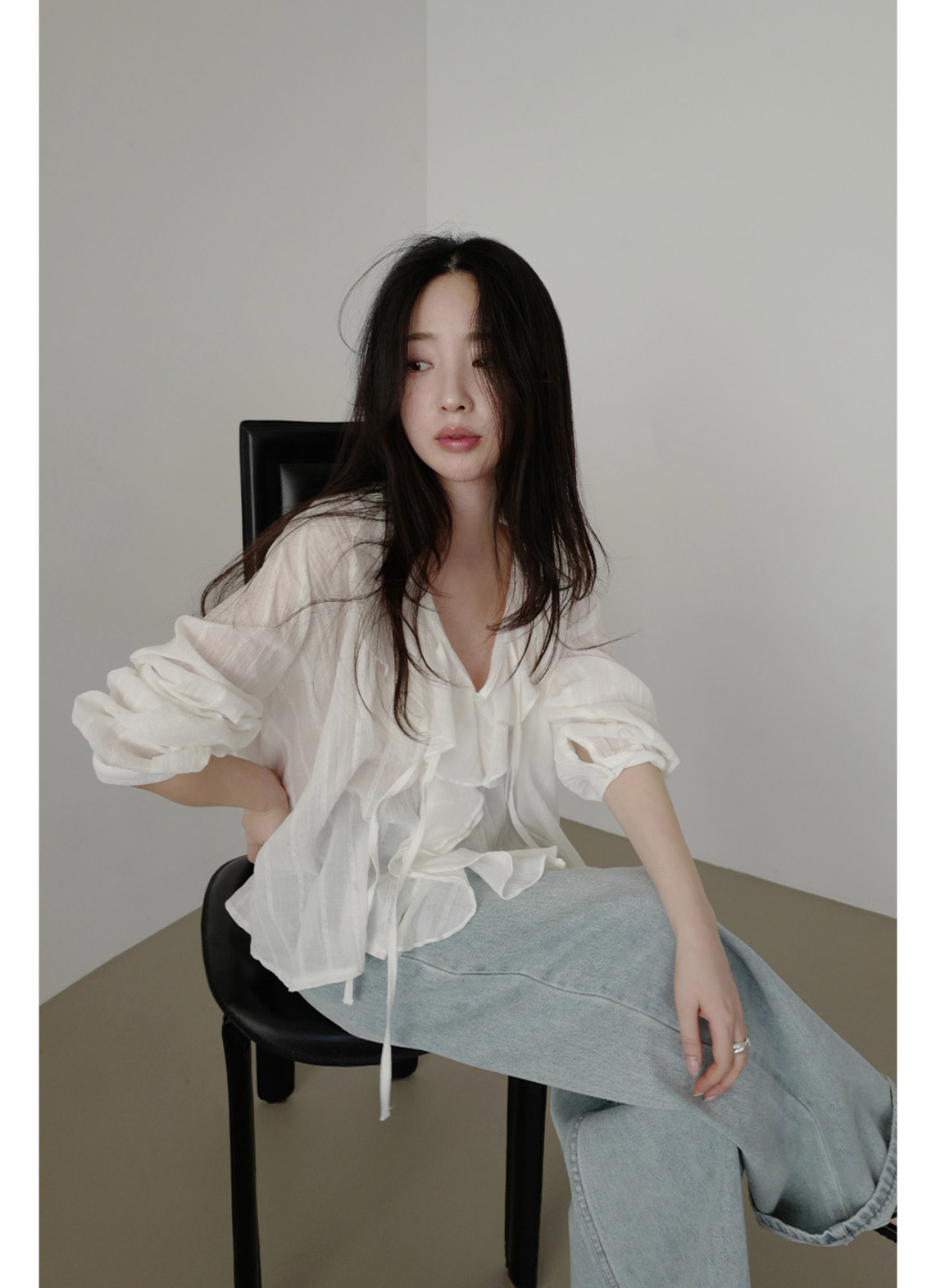 コットンリボン(固定)Vネックラッフルレースブラウス春夏秋 | 詳細画像13