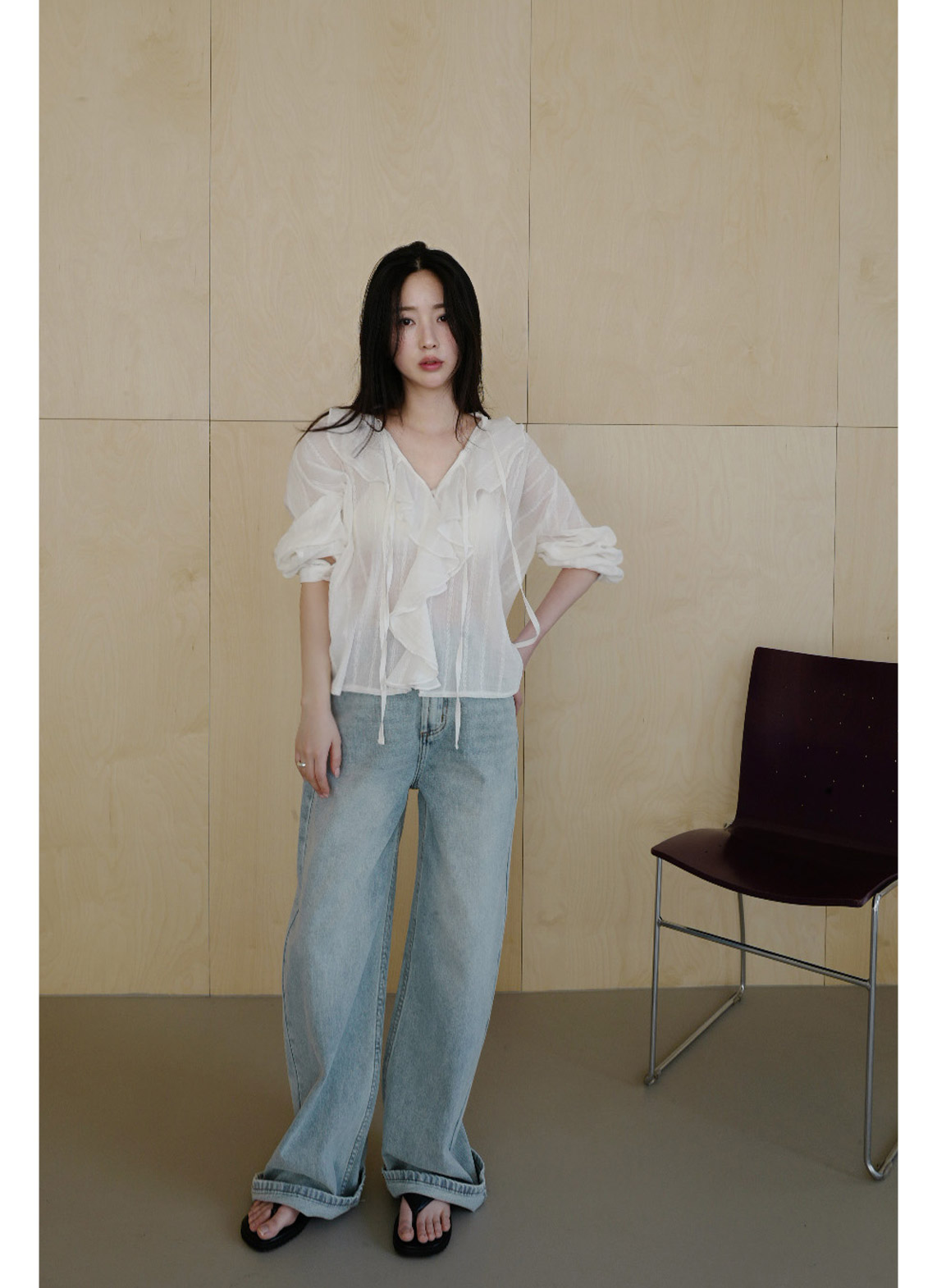 コットンリボン(固定)Vネックラッフルレースブラウス春夏秋 | 詳細画像2