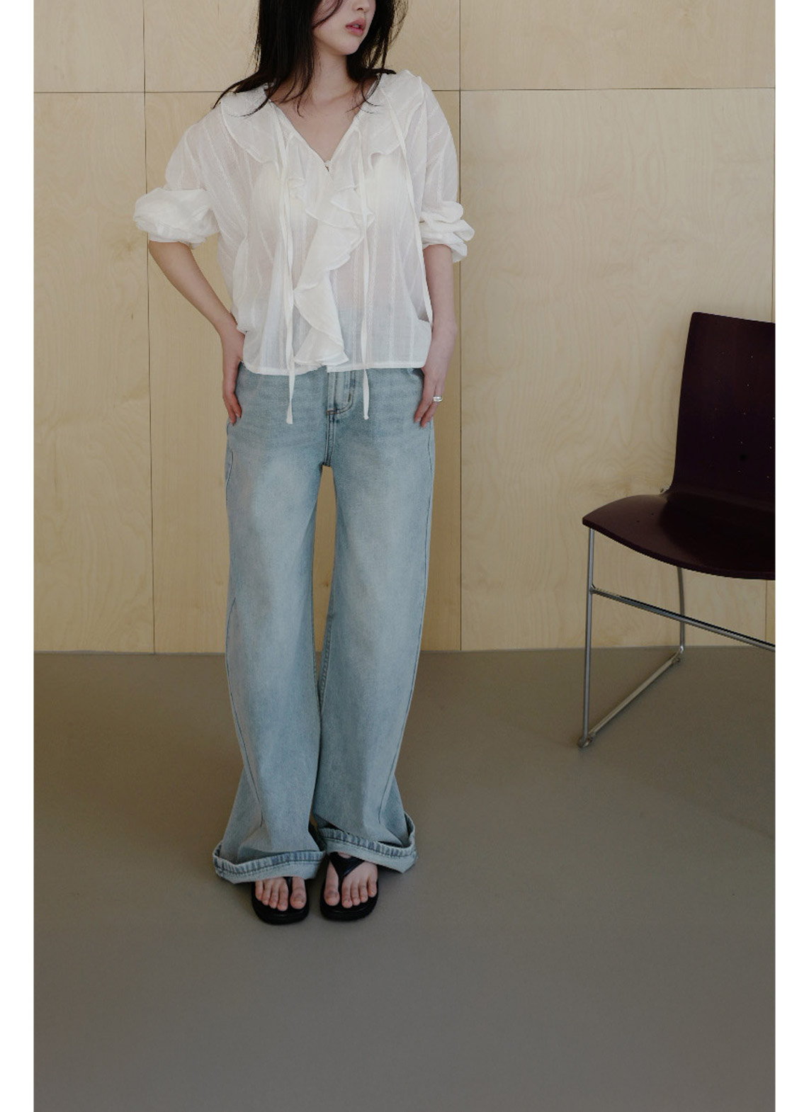 コットンリボン(固定)Vネックラッフルレースブラウス春夏秋 | 詳細画像3