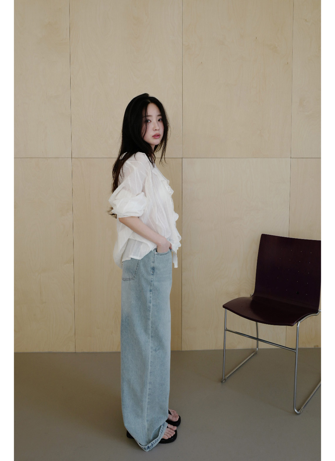 コットンリボン(固定)Vネックラッフルレースブラウス春夏秋 | 詳細画像4