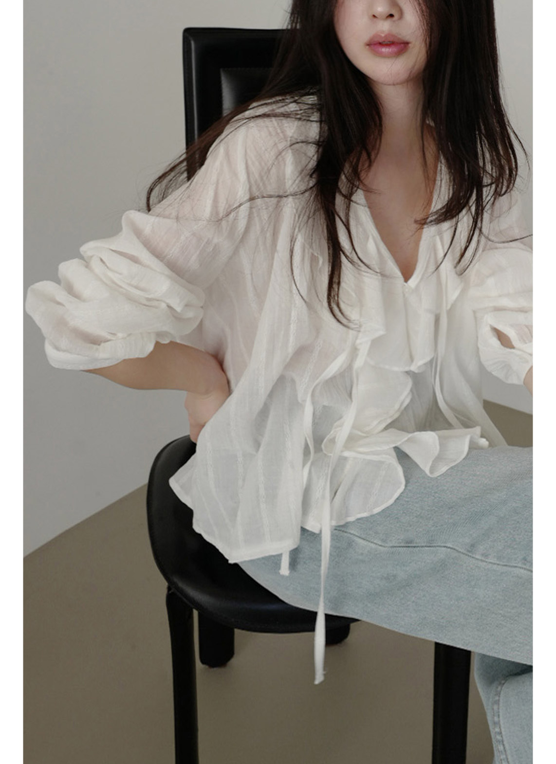 コットンリボン(固定)Vネックラッフルレースブラウス春夏秋 | 詳細画像10