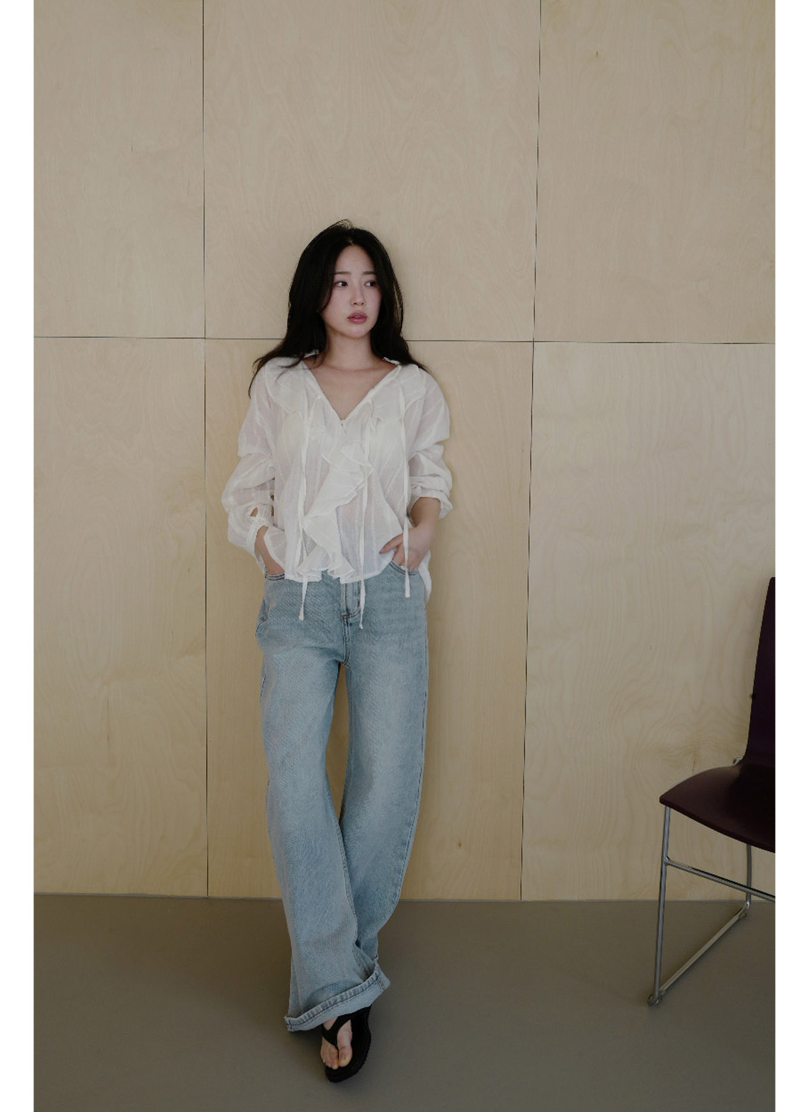 コットンリボン(固定)Vネックラッフルレースブラウス春夏秋 | 詳細画像11