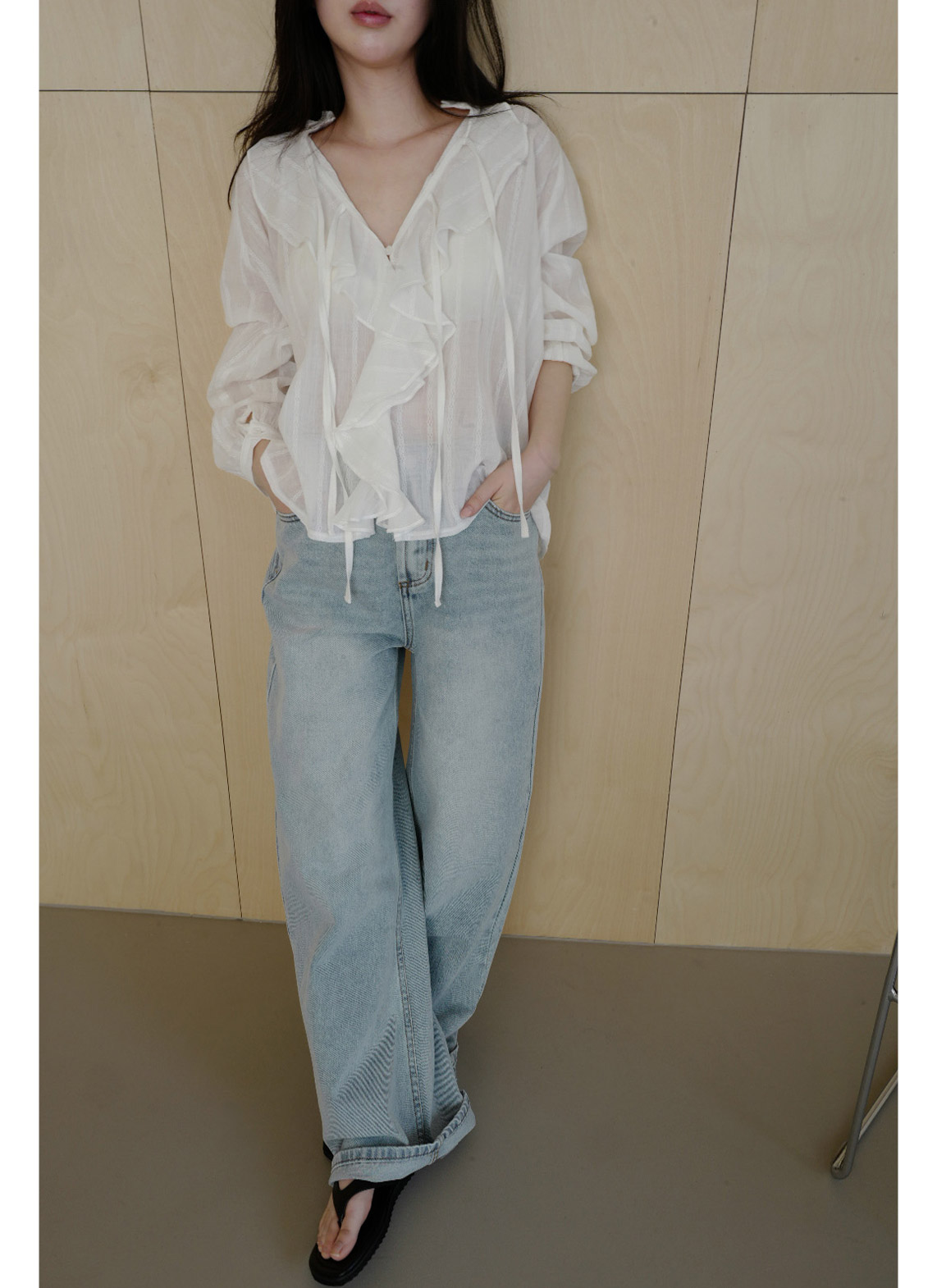 コットンリボン(固定)Vネックラッフルレースブラウス春夏秋 | 詳細画像12