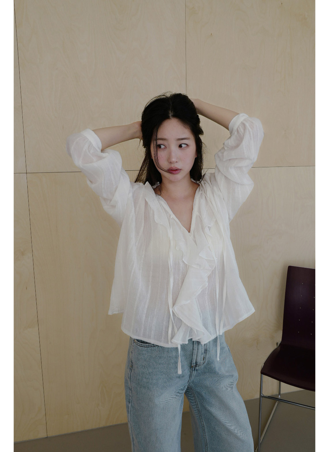 コットンリボン(固定)Vネックラッフルレースブラウス春夏秋 | 詳細画像13