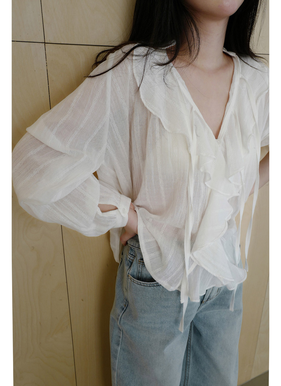 コットンリボン(固定)Vネックラッフルレースブラウス春夏秋 | 詳細画像14