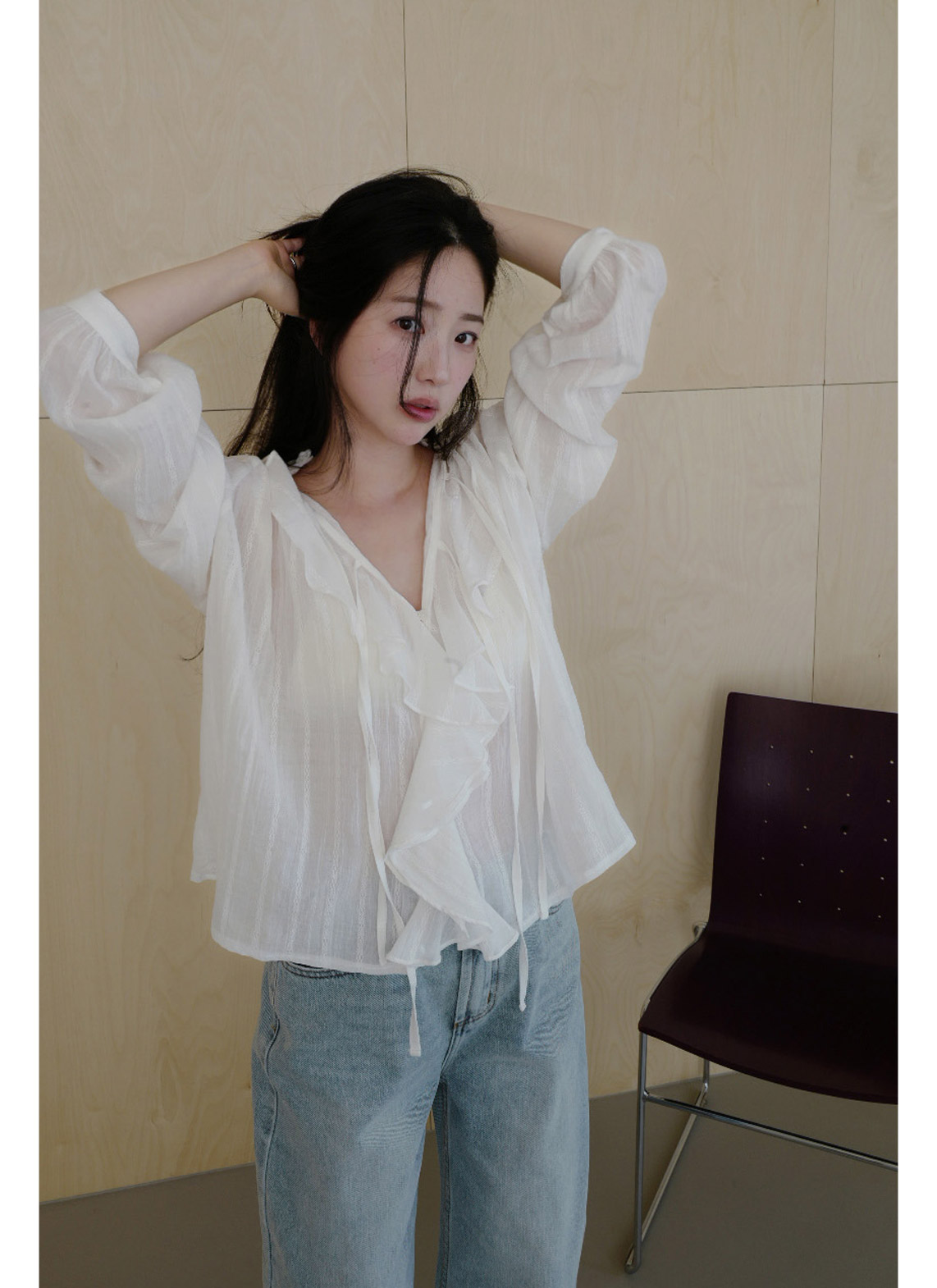 コットンリボン(固定)Vネックラッフルレースブラウス春夏秋 | 詳細画像15