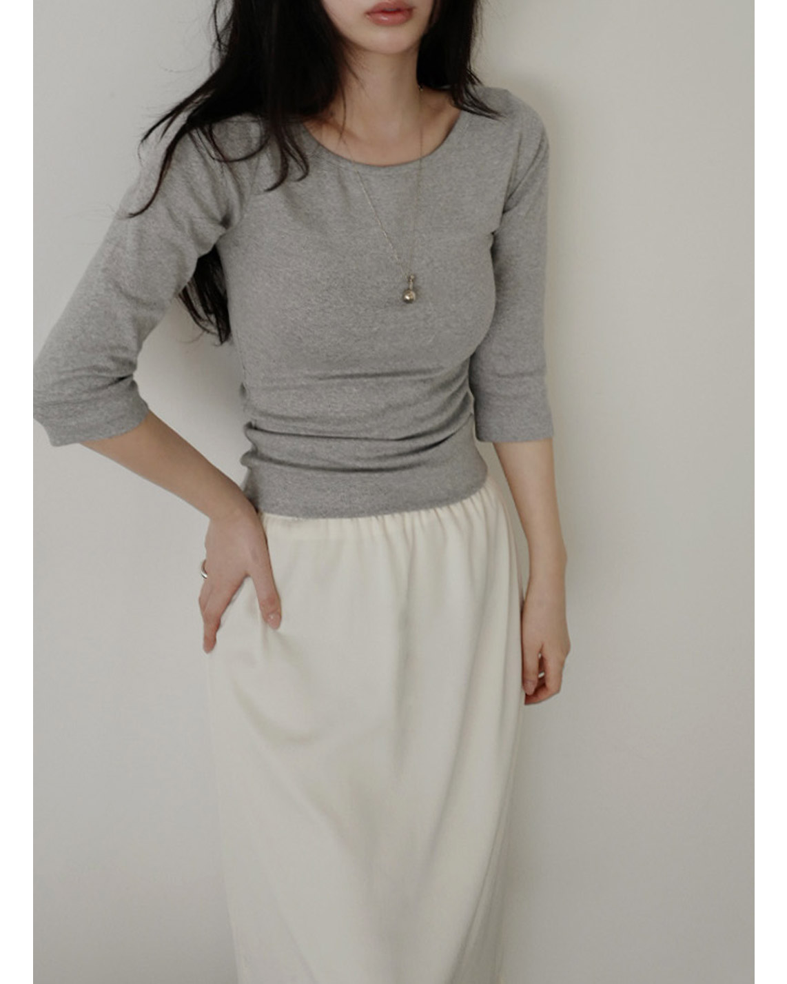 ストレッチコットンボートネックスリム7分袖無地Tシャツオールシーズン | 詳細画像9