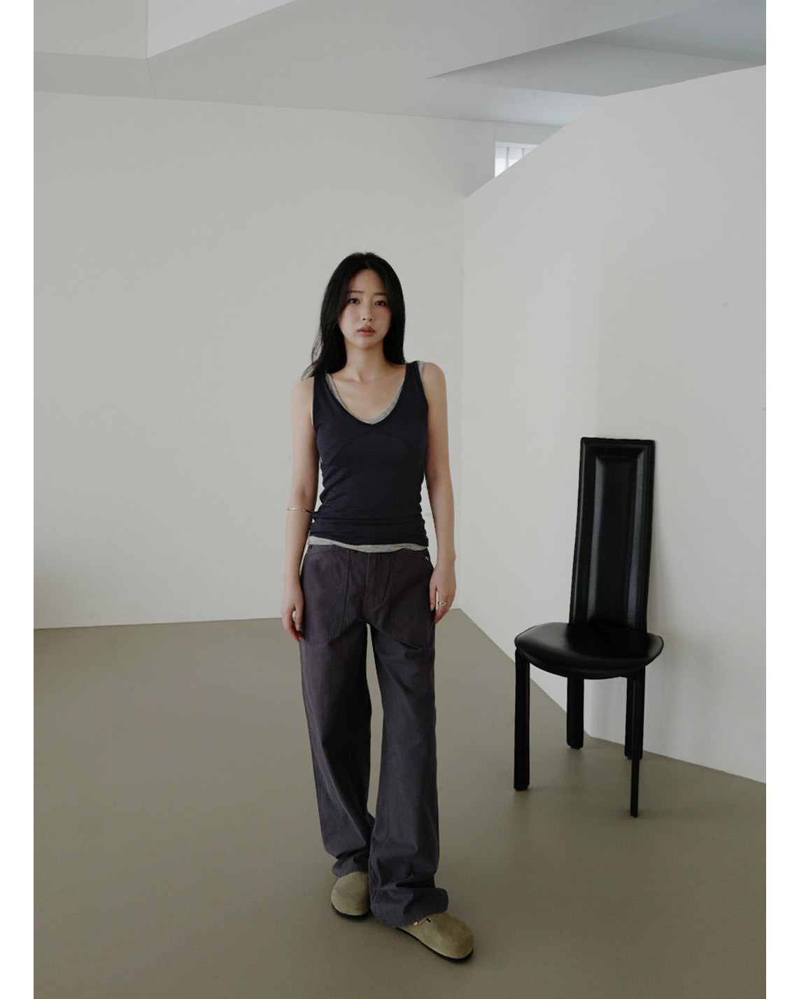 ベルベットストレッチウール混アクリルVネック無地Tシャツ春夏秋 | 詳細画像2