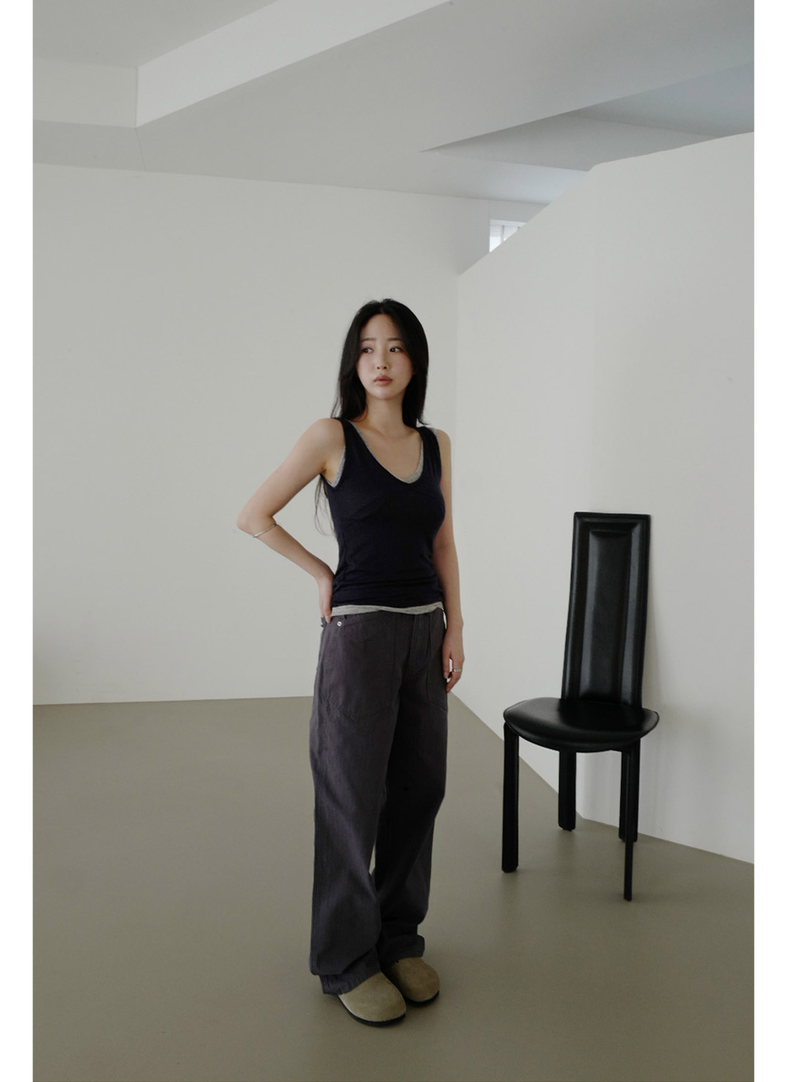 ベルベットストレッチウール混アクリルVネック無地Tシャツ春夏秋 | 詳細画像3