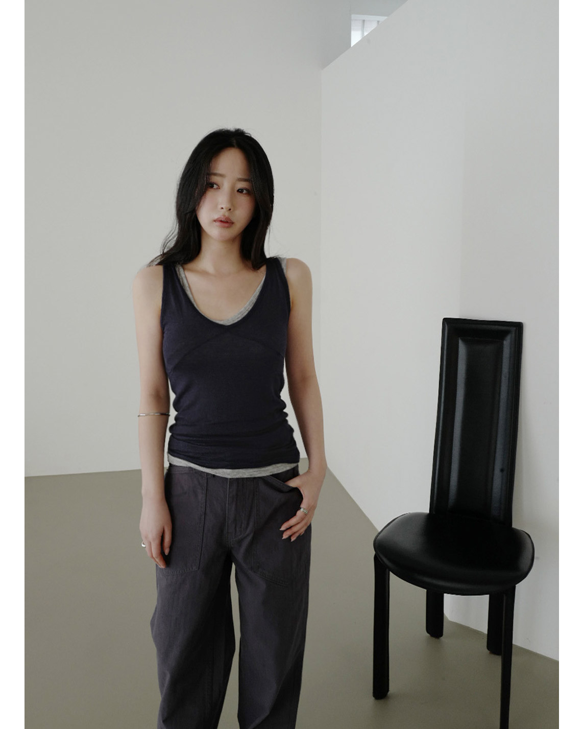 ベルベットストレッチウール混アクリルVネック無地Tシャツ春夏秋 | 詳細画像5