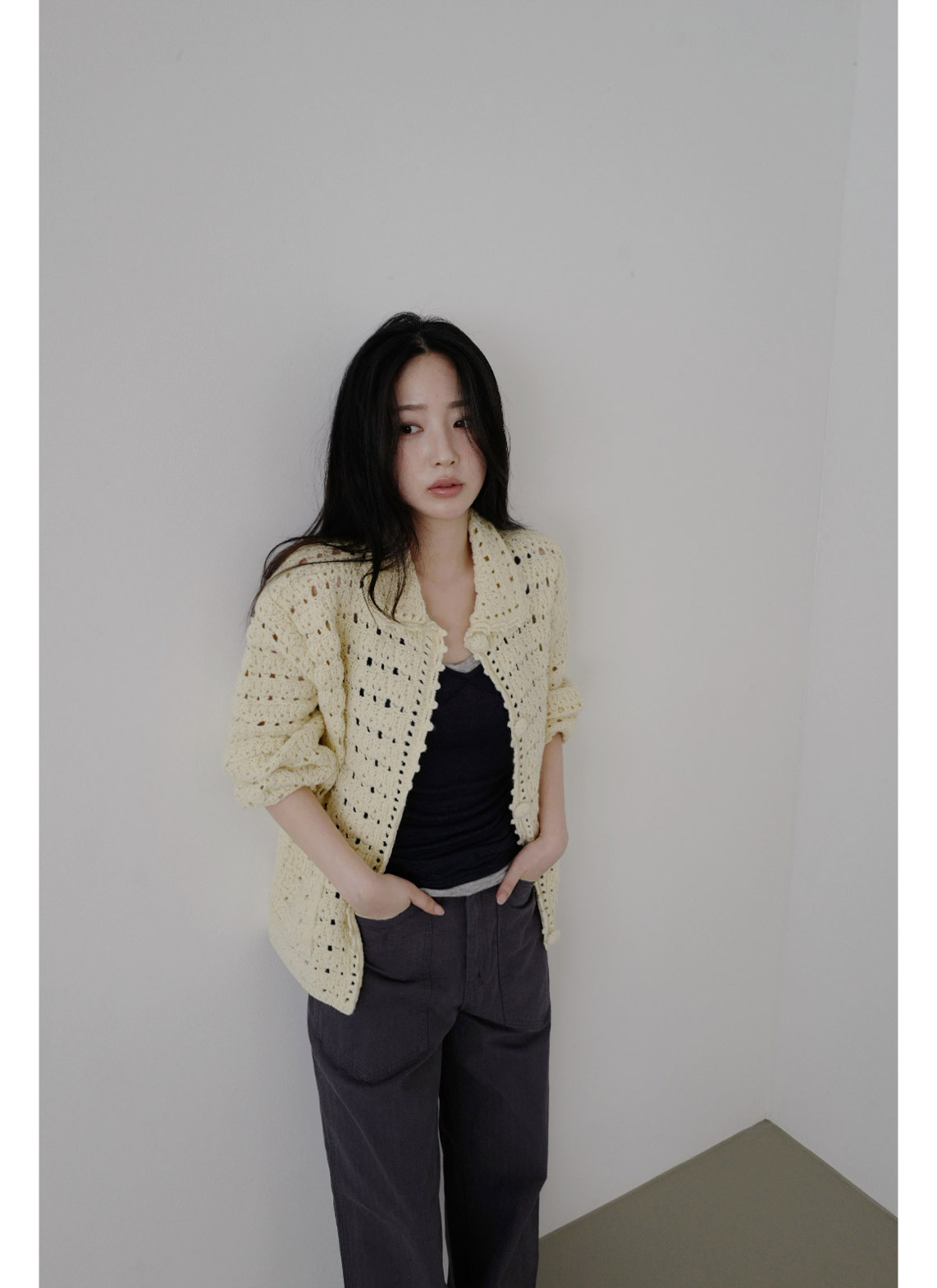 ベルベットストレッチウール混アクリルVネック無地Tシャツ春夏秋 | 詳細画像8