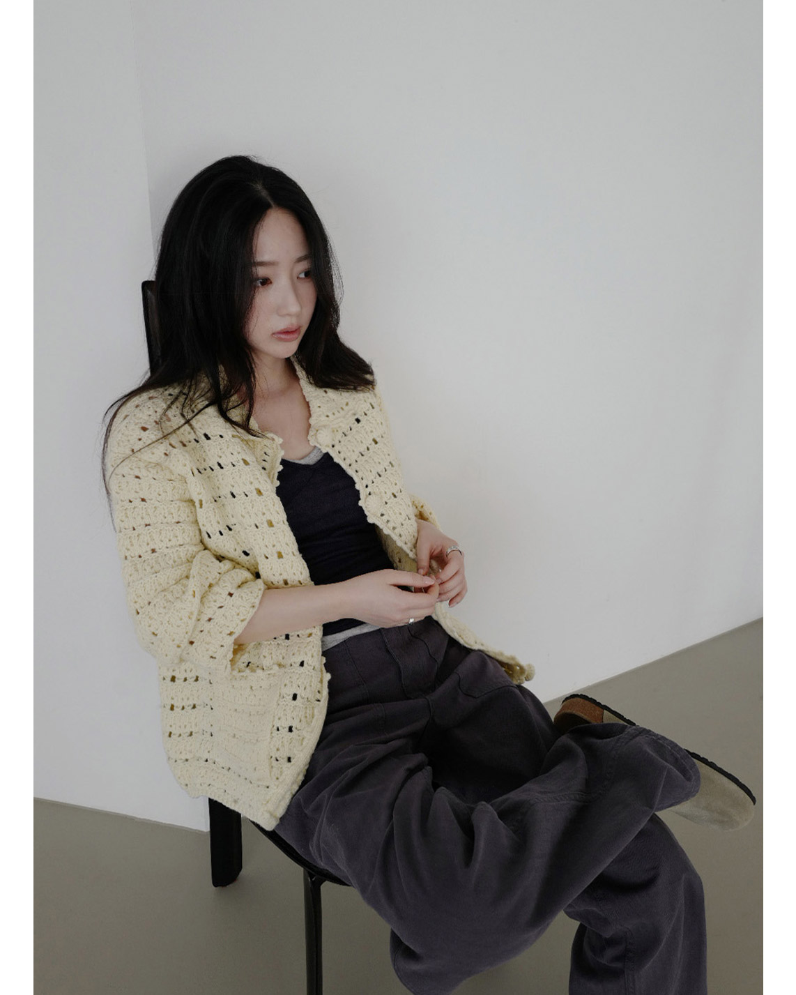 ベルベットストレッチウール混アクリルVネック無地Tシャツ春夏秋 | 詳細画像9