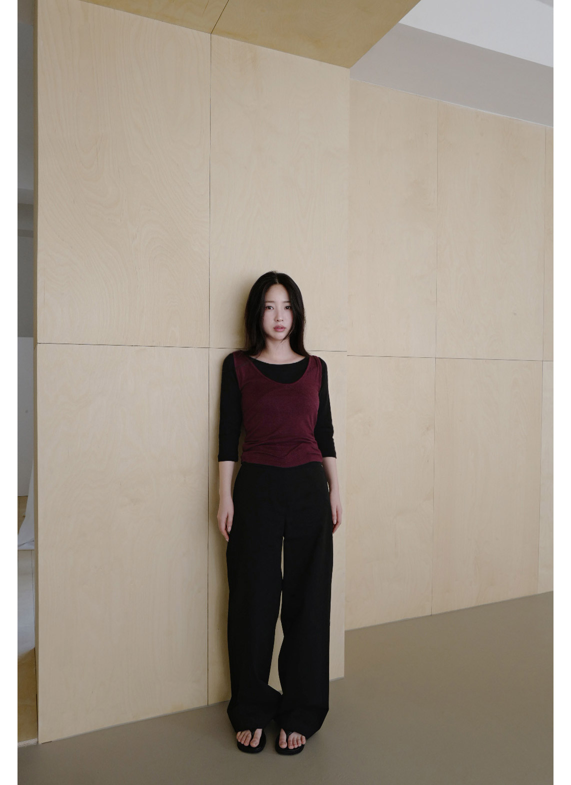 ベルベットストレッチウール混アクリルVネック無地Tシャツ春夏秋 | 詳細画像11