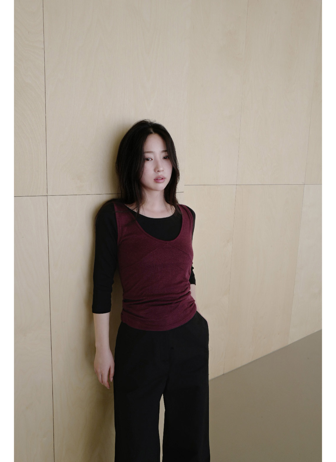 ベルベットストレッチウール混アクリルVネック無地Tシャツ春夏秋 | 詳細画像16