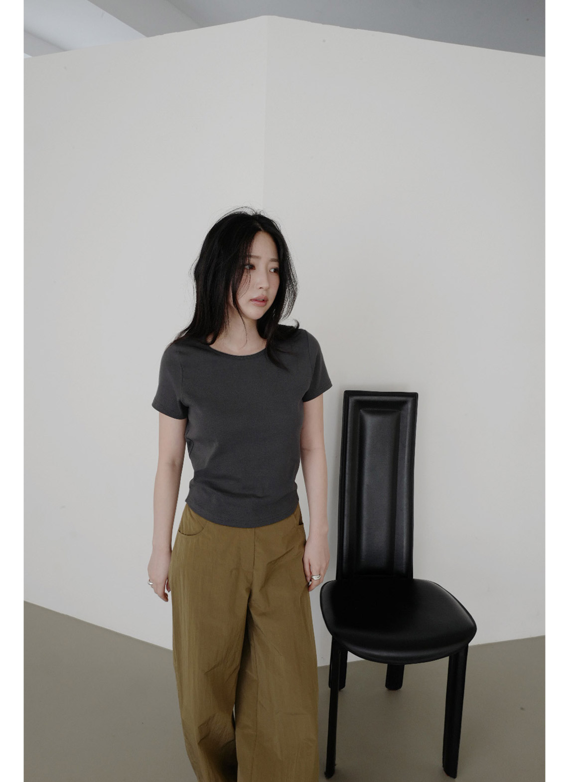 ストレッチコットンラインベーシッククロップド半袖無地Tシャツオールシーズン | 詳細画像3