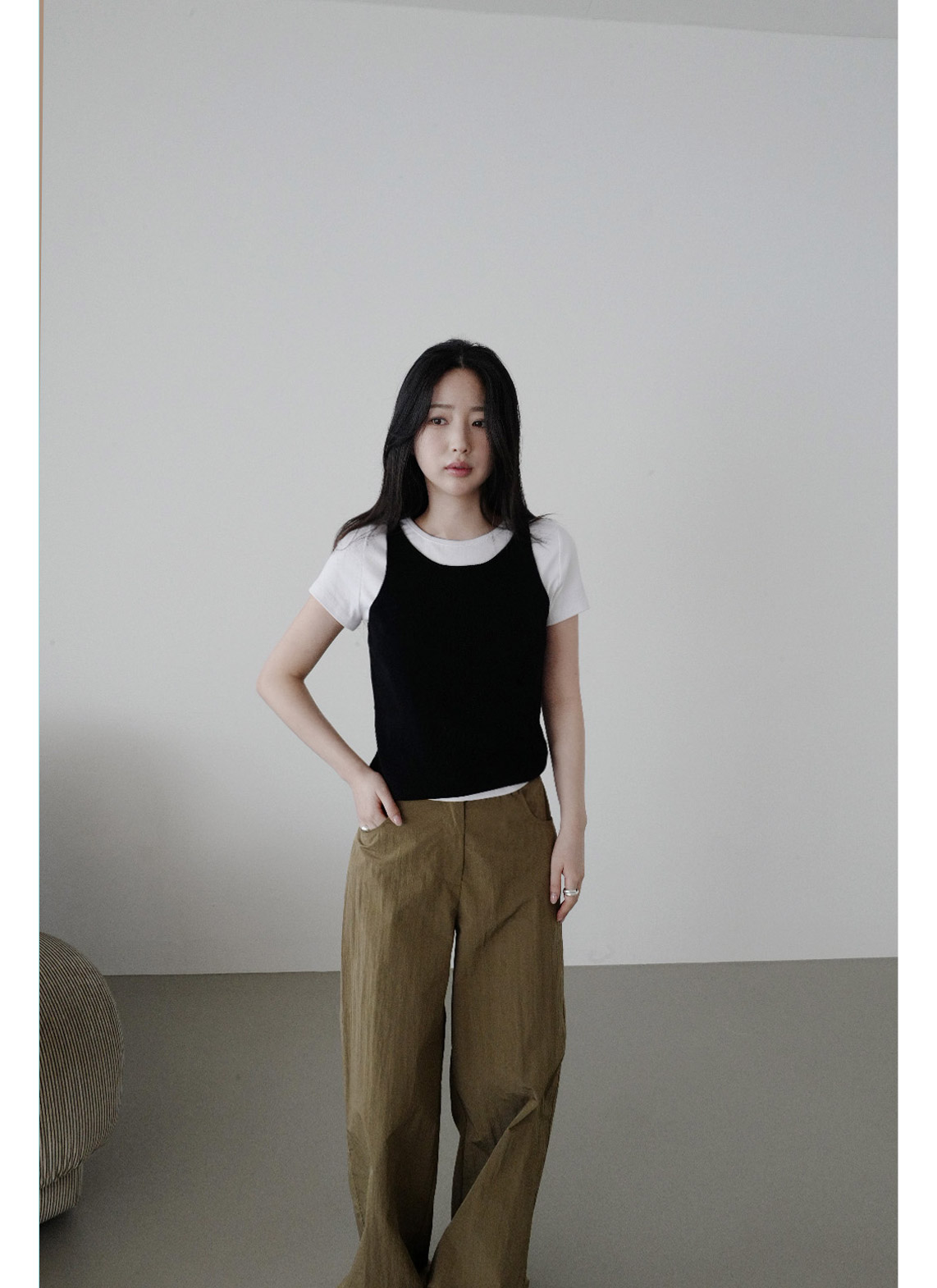 ストレッチコットンラインベーシッククロップド半袖無地Tシャツオールシーズン | 詳細画像12