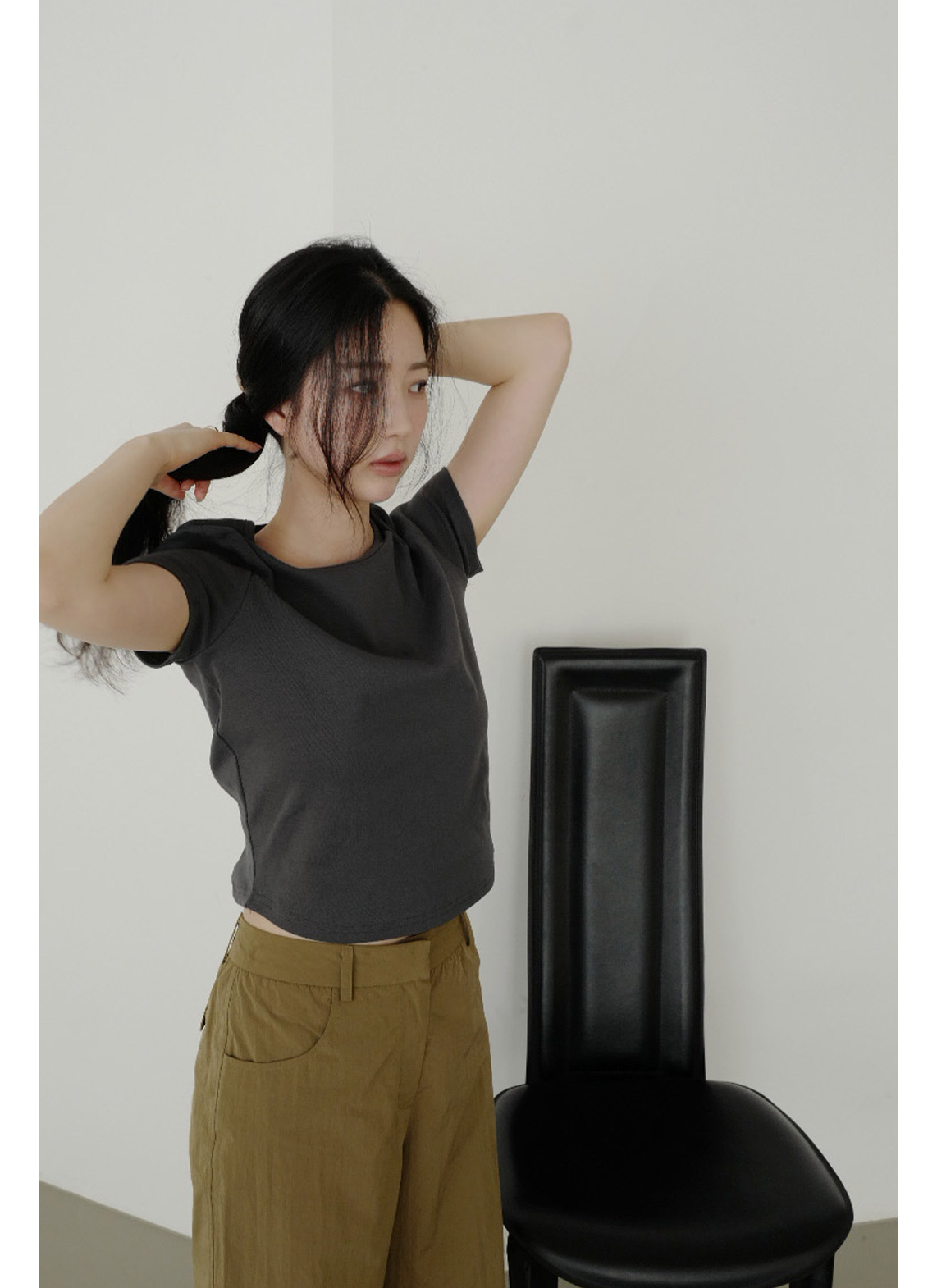 ストレッチコットンラインベーシッククロップド半袖無地Tシャツオールシーズン | 詳細画像11