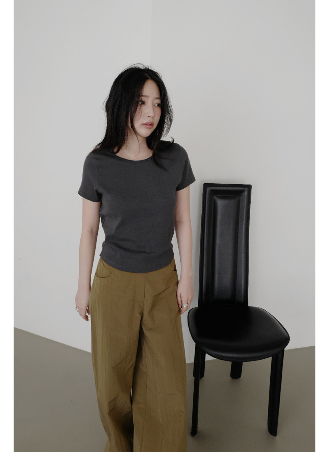 ストレッチコットンラインベーシッククロップド半袖無地Tシャツオールシーズン | 詳細画像14