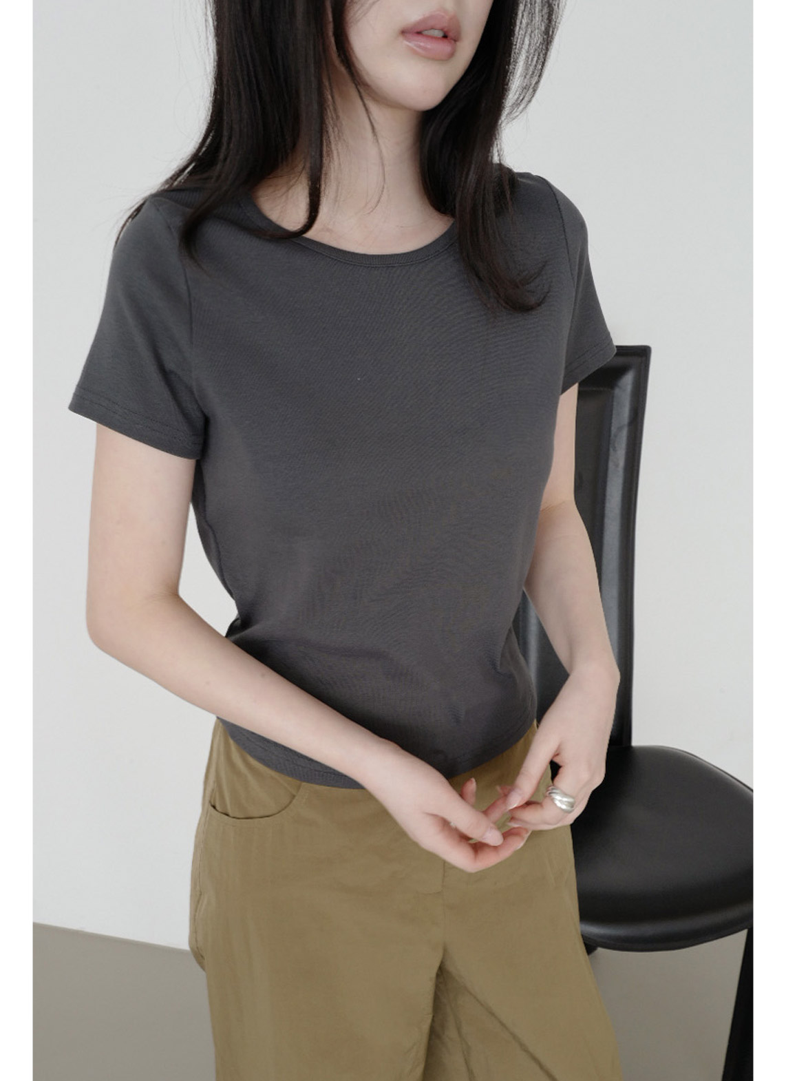 ストレッチコットンラインベーシッククロップド半袖無地Tシャツオールシーズン | 詳細画像15