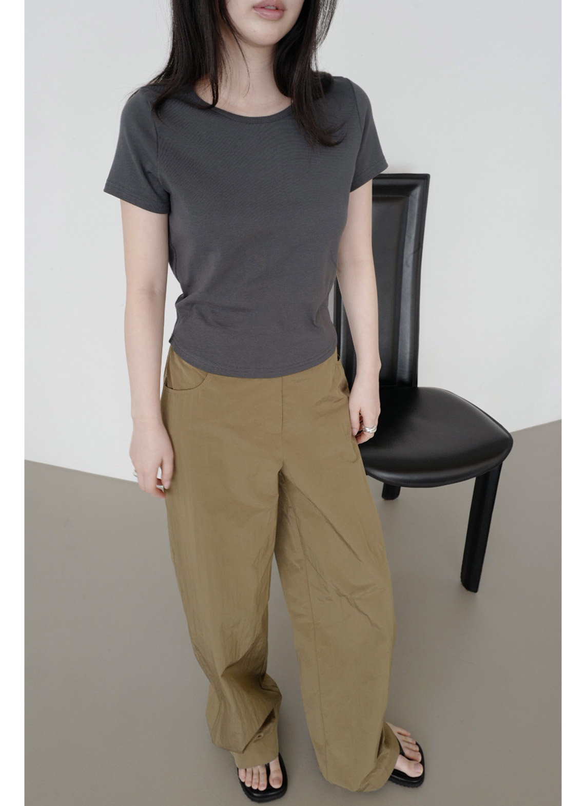 ストレッチコットンラインベーシッククロップド半袖無地Tシャツオールシーズン | 詳細画像16