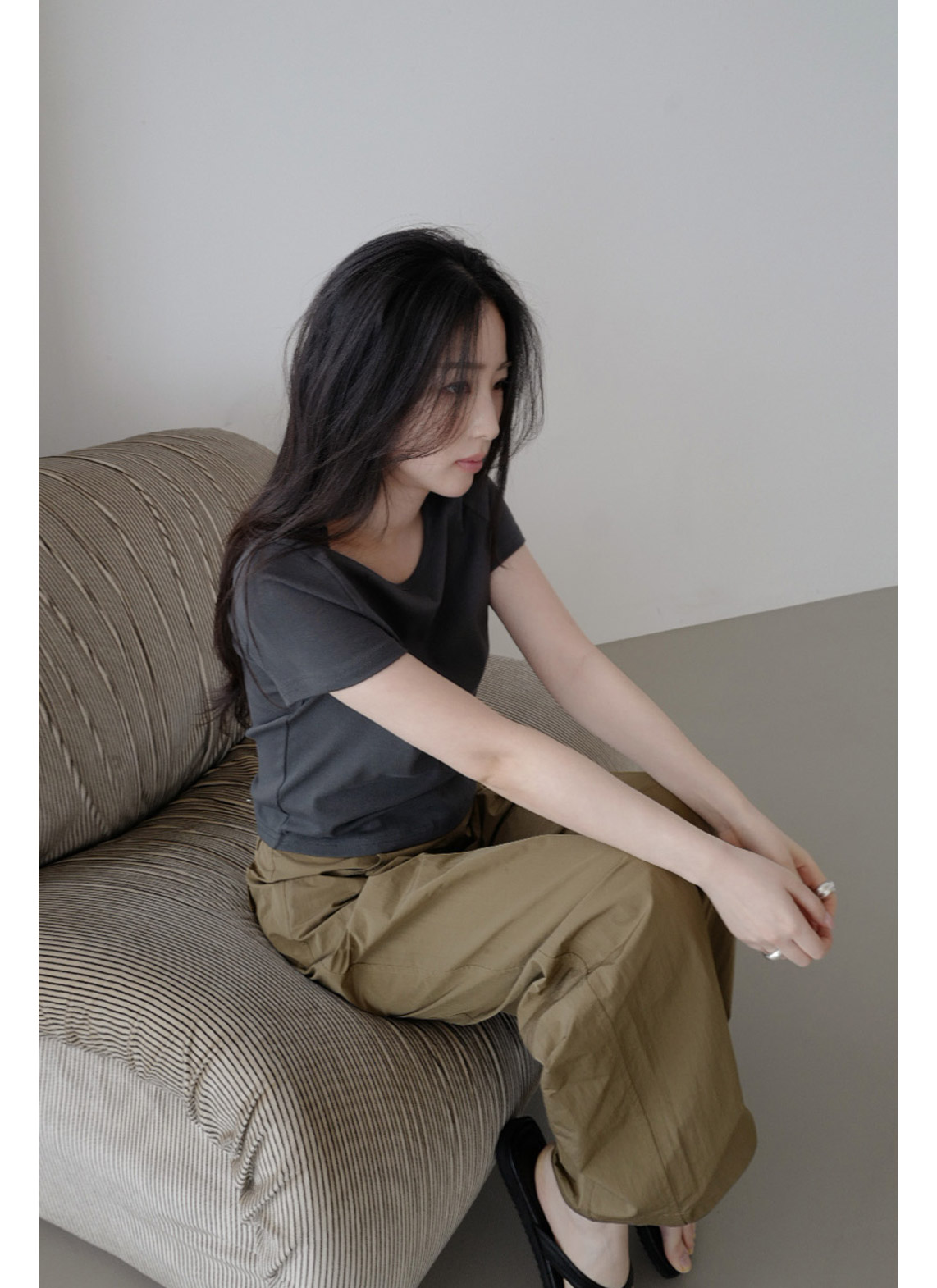 ストレッチコットンラインベーシッククロップド半袖無地Tシャツオールシーズン | 詳細画像18