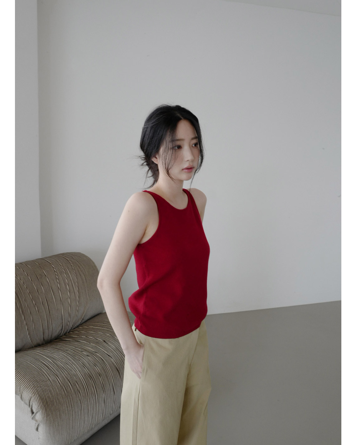 ウール混アクリルラウンドネックスリム無地ニットオールシーズン | 詳細画像5