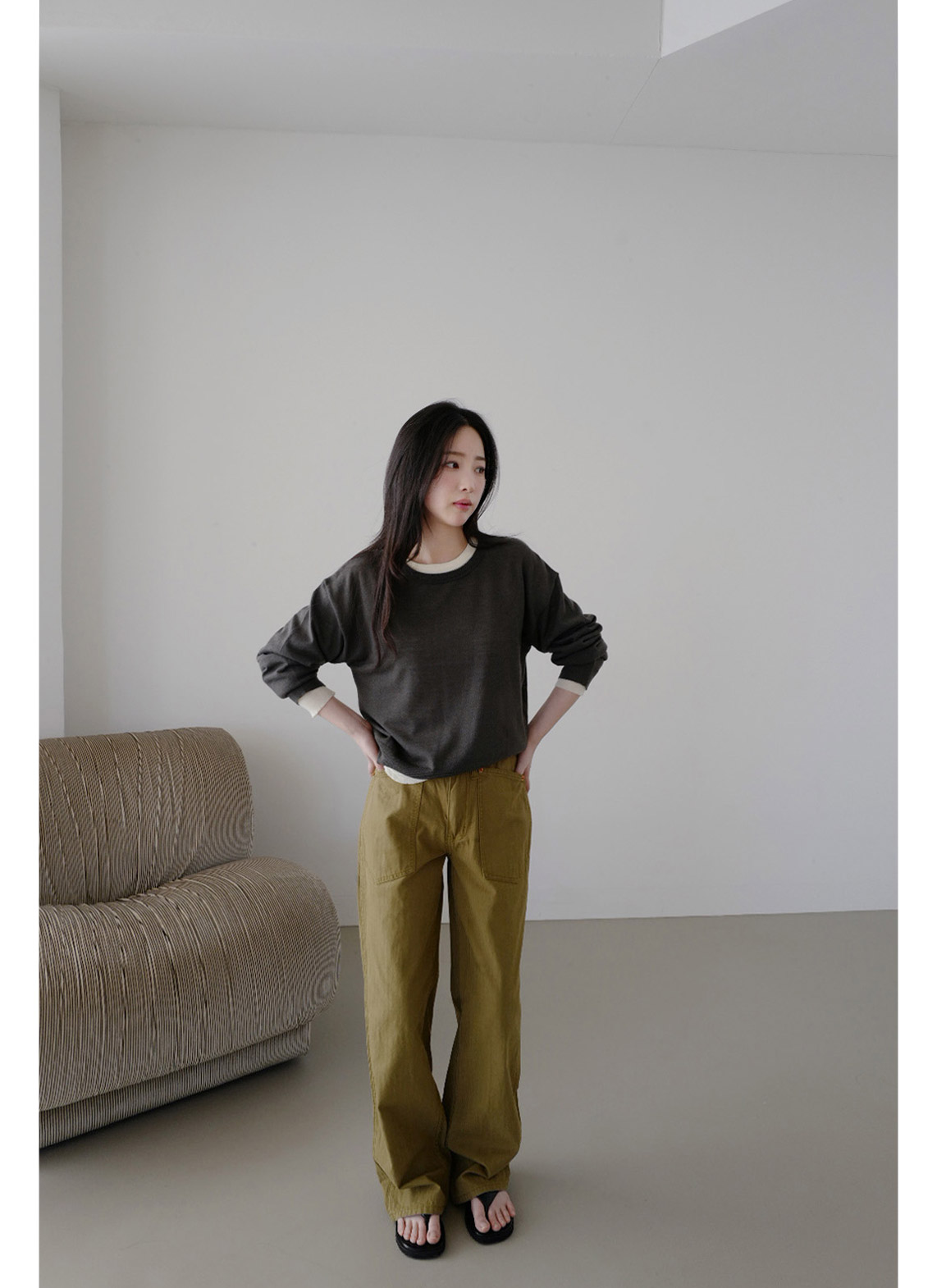 アクリルラウンドネックラインベーシック無地ニット春夏秋 | 詳細画像9